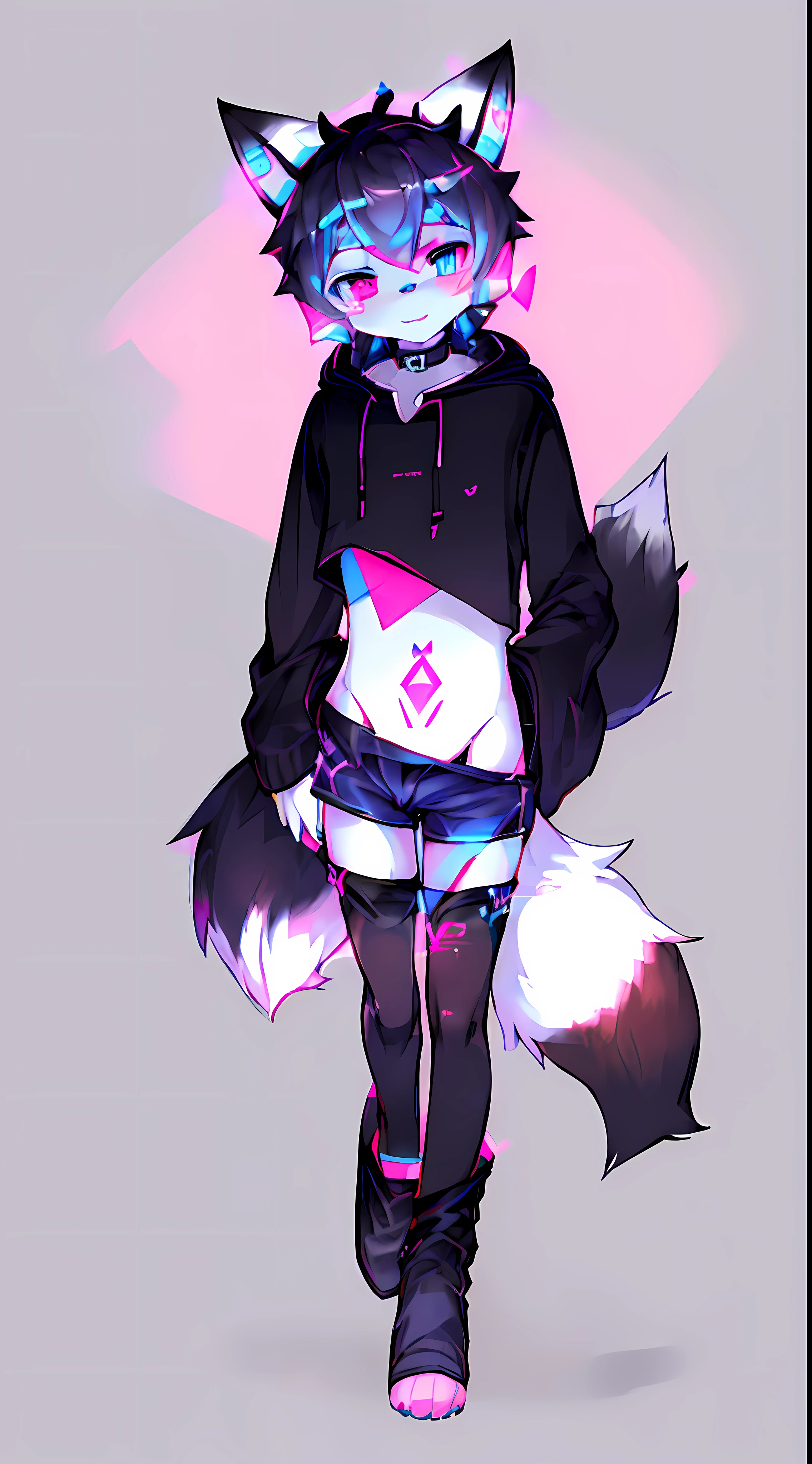 Black Fox, ((Black body, White Body:1.5)), (((masterpiece))), collar, (Dragon Wings:1.45), (headphones:1.4), short hair, black hair, blush, (headphones:1.55), ((Thigh High Socks, Femboy Clothing, Femboy Thigh Highs:1.2)), ((a blue eyes, a pink eyes:1.55)), (((Femboy))), full body, ((子宮のタトゥー, glowing tattoo:1.52)), ((guy look like women:1.52)), (fox tail:1.52), Full HD, 8K, ((short pant, Hoodie crop:1.52)), (small breasts:1.25), paw