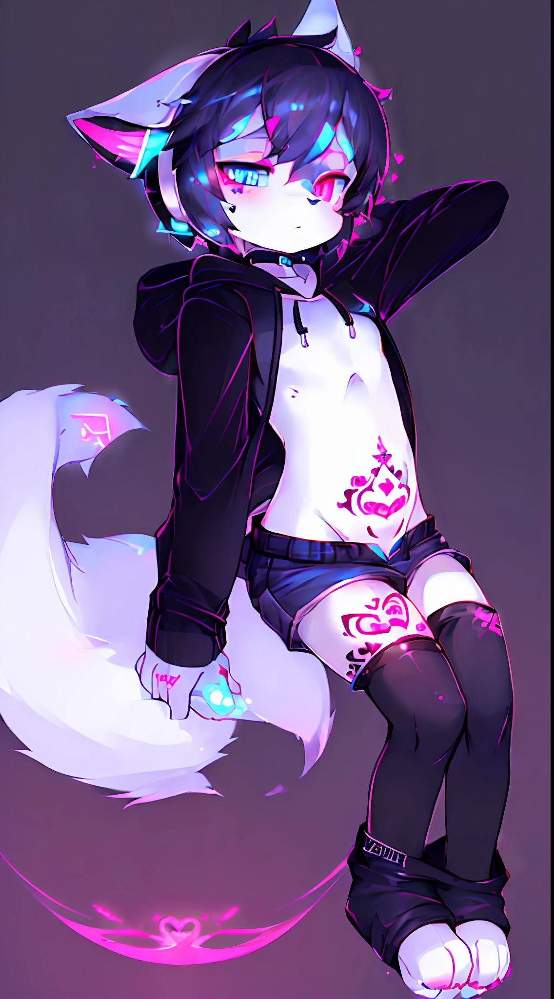 Black Fox, ((Black body, White Body:1.5)), (((masterpiece))), collar, (Dragon Wings:1.45), (headphones:1.4), short hair, black hair, blush, (headphones:1.55), ((Thigh High Socks, Femboy Clothing, Femboy Thigh Highs:1.2)), ((a blue eyes, a pink eyes:1.55)), (((Femboy))), full body, ((womb tattoo, glowing tattoo:1.52)), ((guy look like women:1.52)), (fox tail:1.52),  Full HD, 8K, ((short pant, Hoodie crop:1.52)), (small breasts:1.25), paw