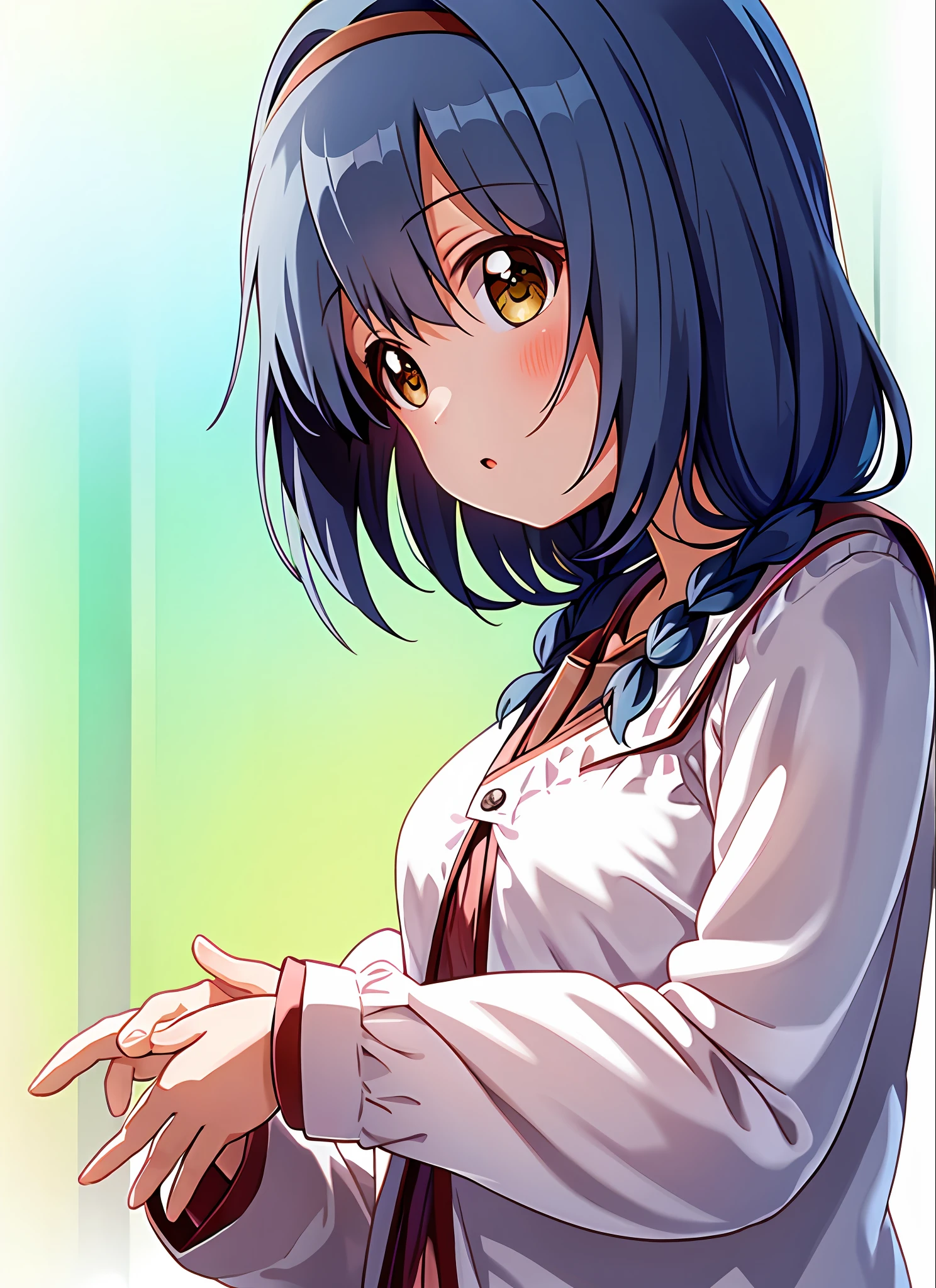 masterpiece, best quality, super detail, illustration, 1girl, solo, furutani_himawari, blue hair, brown eyes, hair band, medium hair, low twin braid, hair intake, Nanamori Gakuen uniform, upper body, big