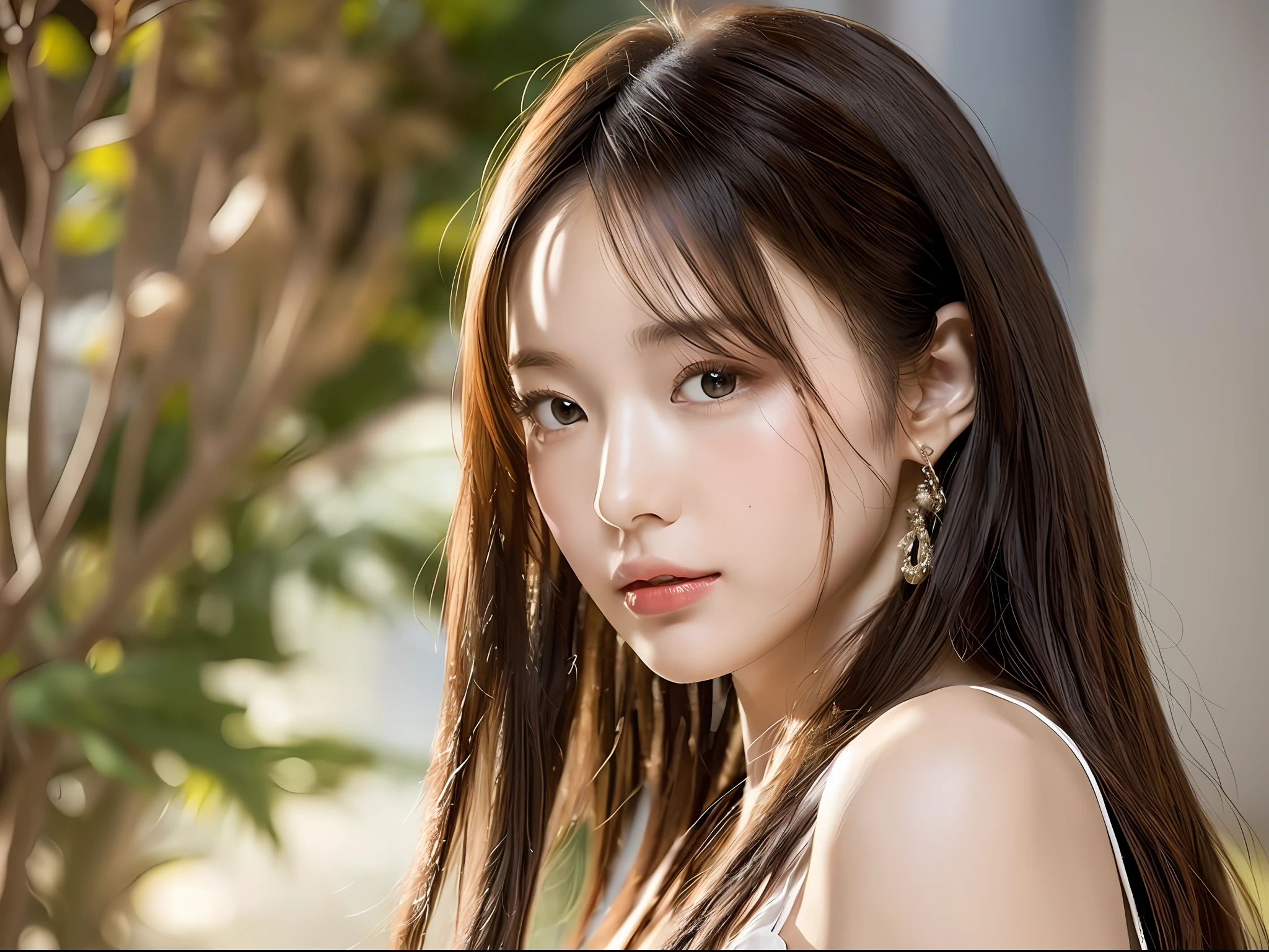 (8k, highest quality, masterpiece: 1.2), (hair_style), (realistic, photorealistic: 1.37), plump eyes, best quality, masterpiece, white background, [small breasts], professional lighting, subject is pulled to one side, shot from the waist up, shot in natural light from morning to noon, fashion style of Japan trend in 2023, realistic, super detail, 30s, actress, Elaborate CG, slender, hairstyle emphasizes straight straight hair, delicate skin type, hair luster,