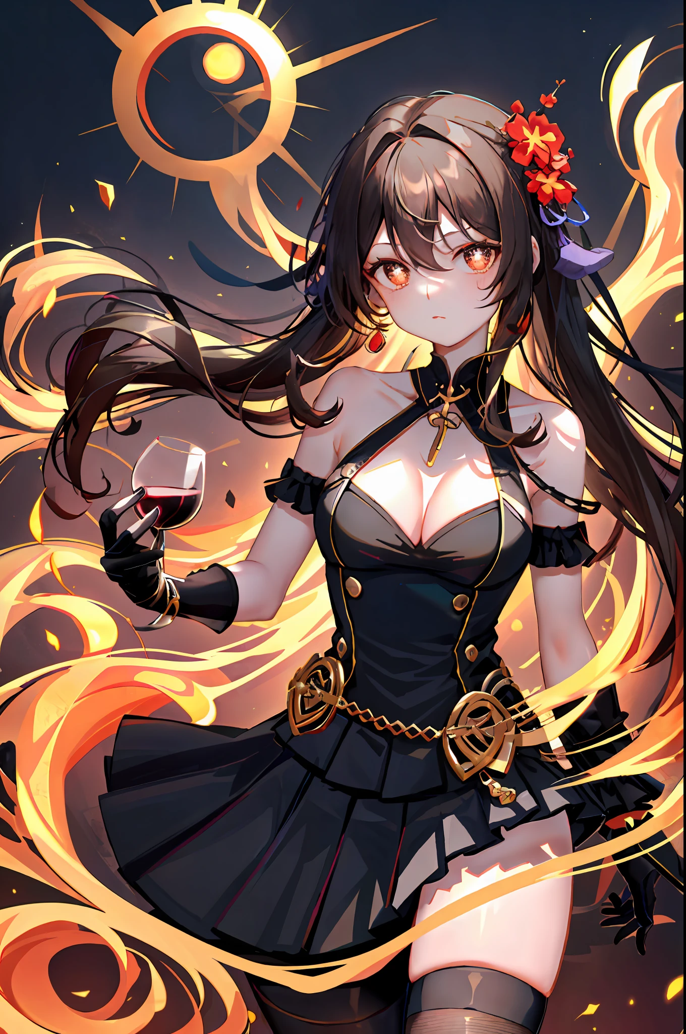 Hu Tao, 1girl, alcohol, alternate costume, armlet, bare shoulders, black background, black dress, black pleated skirt, black gloves, black thighhighs, breasts, cleavage, criss-cross halter, cup, dress, drinking glass, flower, gloves, gradient background, hair between eyes, low twintail hair, halterneck, holding, holding cup, jewelry, medium breasts, long hair, looking at viewer, necklace, black brown hair, brown nails, brown eyes, flower pupils, see-through gloves, solo, thighhighs, thighs, very long hair, wine, wine glass, ((masterpiece))