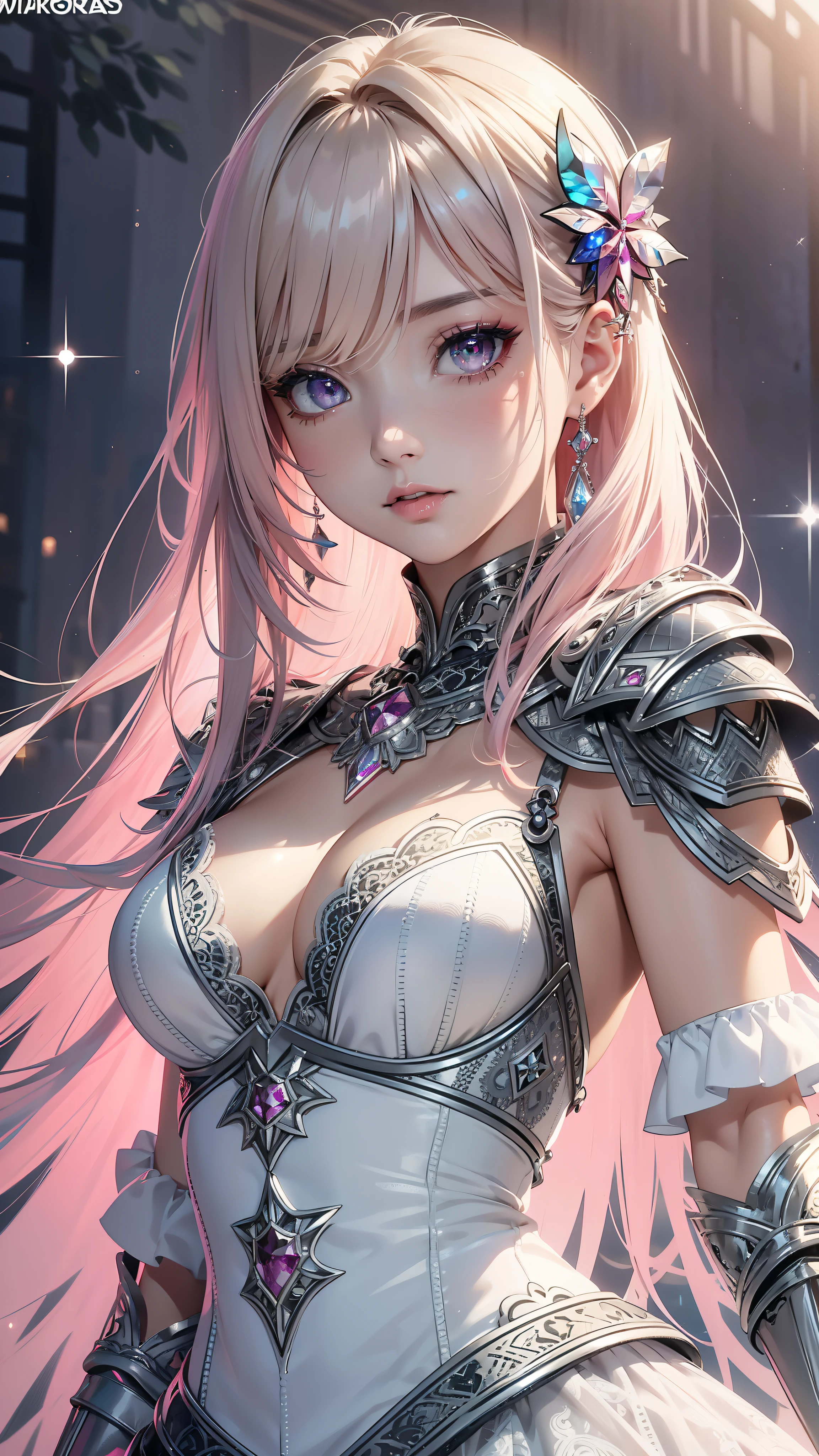 Realistic, Hyper Detail, Girls Only, Layered Bob, Dynamic Lighting, ((Bold imaginative pose)), (Glossy skin: 1.5), Masterpiece, Top Quality, Absurdity, Watching Viewer, (Blonde and Pink Hair), deep Purple Clear Eyes,((Beautiful, detailed eyes, jewel-like eyes, colorful eyes, sparkling eyes:1.3)), Slender, High Resolution, Sharp Focus, Depth of Field, Detail Eyes, Sharp Eyes, (Realistic Eyes)), outdoors, sunrise sky, (attractive delicate design river trimmed lace dress, (intricately patterned silver armor wearing): 1.3))