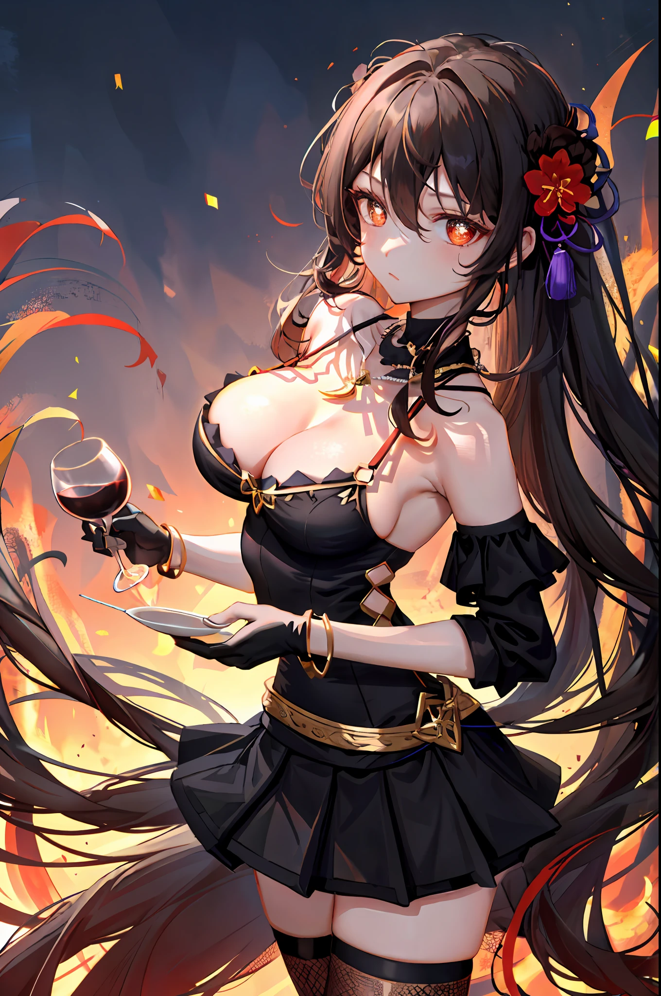 Hu Tao, 1girl, alcohol, alternate costume, armlet, bare shoulders, black background, black dress, black pleated skirt, black gloves, black thighhighs, breasts, cleavage, criss-cross halter, cup, dress, drinking glass, flower, gloves, gradient background, hair between eyes, low twintail hair, halterneck, holding, holding cup, jewelry, medium breasts, long hair, looking at viewer, necklace, black brown hair, brown nails, brown eyes, flower pupils, see-through gloves, solo, thighhighs, thighs, very long hair, wine, wine glass, ((masterpiece))