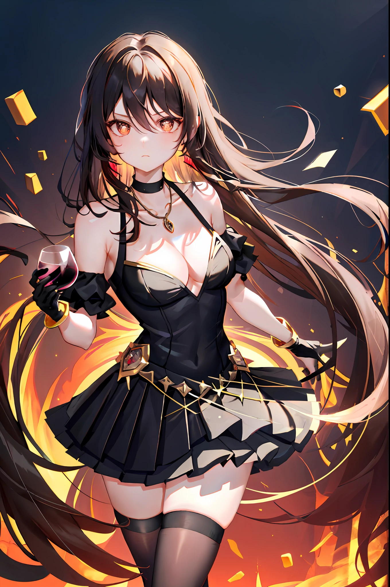 Hu Tao, 1girl, alcohol, alternate costume, armlet, bare shoulders, black background, black dress, black pleated skirt, black gloves, black thighhighs, breasts, cleavage, criss-cross halter, cup, dress, drinking glass, flower, gloves, gradient background, hair between eyes, low twintail hair, halterneck, holding, holding cup, jewelry, medium breasts, long hair, looking at viewer, necklace, black brown hair, brown nails, brown eyes, flower pupils, see-through gloves, solo, thighhighs, thighs, very long hair, wine, wine glass, ((masterpiece))