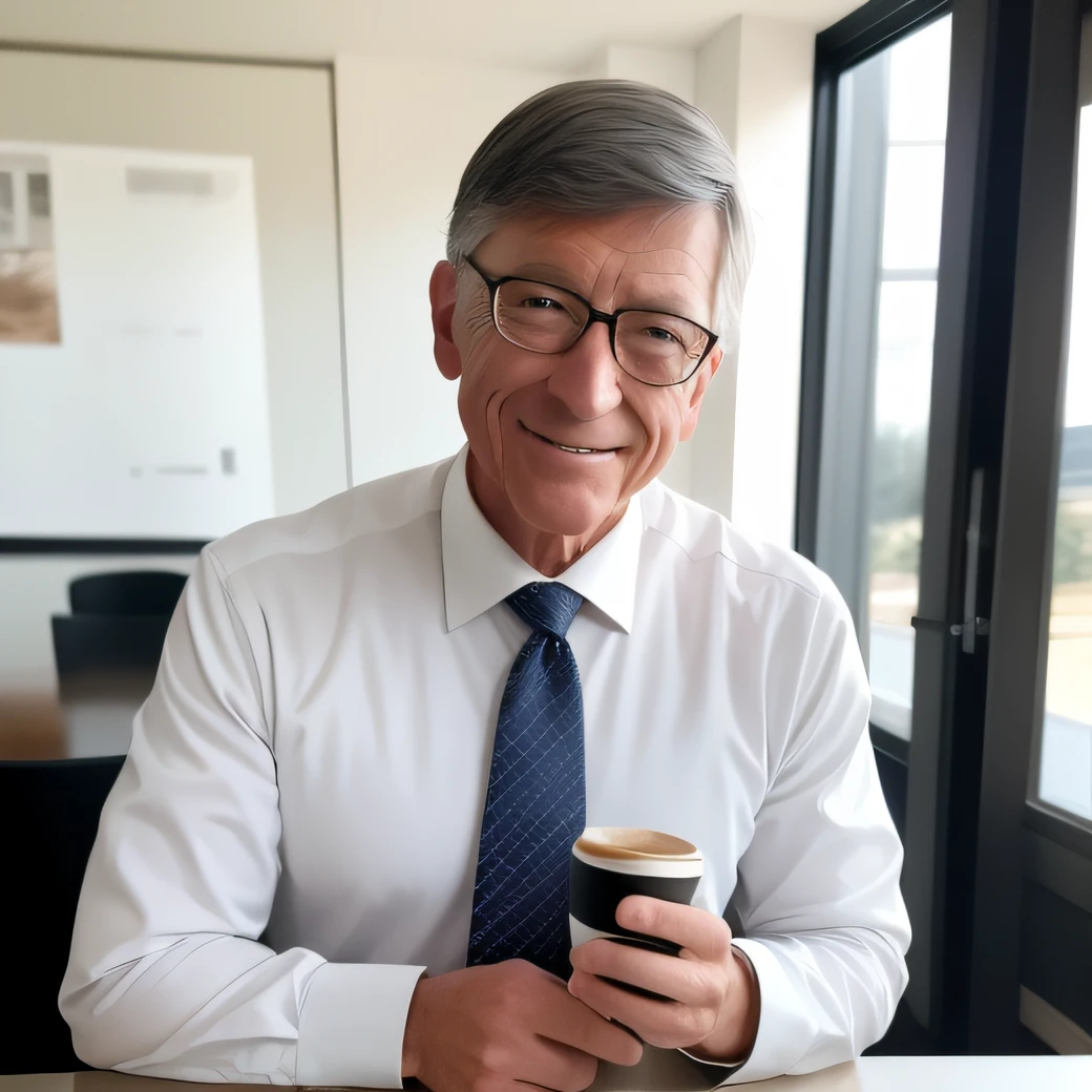 1man, a 30 y.o muscular male wearing long-sleeve white shirt and tie, drinking coffee, soft lighting, masterpiece, best quality, 8k uhd, dslr, film grain, Fujifilm XT3 photorealistic painting art by midjourney and greg rutkowski