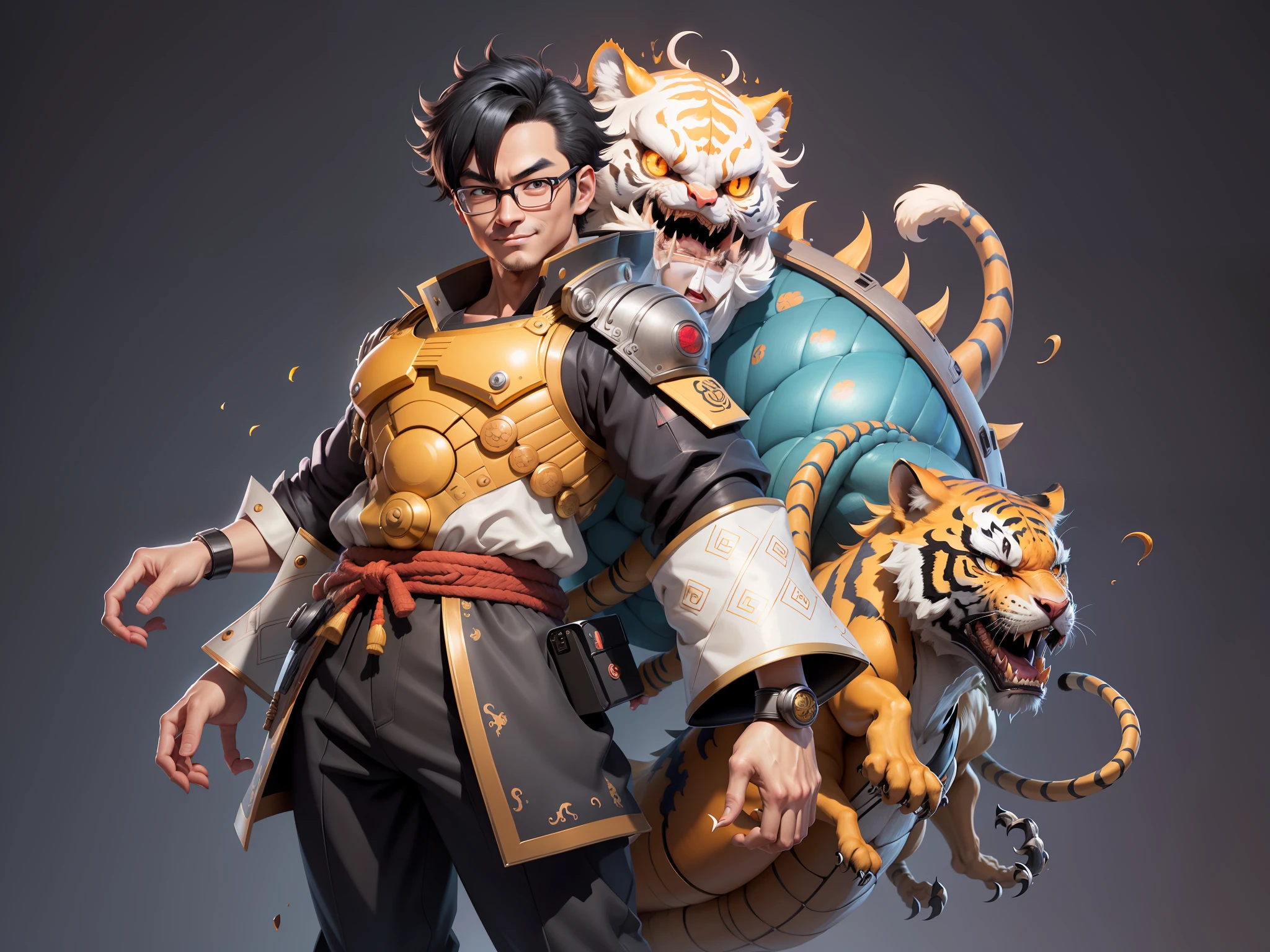 (Masterpiece), (Excellent), (Super Meticulous), (Full Body: 1.2), Super Young Man with Japanese Female Geisha, Pretty, Beautiful, Chinese Dragon, Tiger, Wind God Thor, Sexy, Bursting, Oriental Face, TV Anchor, Bust Portrait Illustration, Black Suit, Blue Tie, Slightly Chubby Face, Silver Glasses, Very Clean Face, No Beard on Chin, Black Super Short Hair, Black Eyes, Confident Smile, 3c Computer Sub-Products, iPad, iPhone, Digital Painting, 3D character design by Mark Clairedon and Pixar and Hayao Miyazaki and Akira Toriyama, the illustrations are HD illustrations in 4K resolution with highly detailed facial features and cartoon-style visuals.
