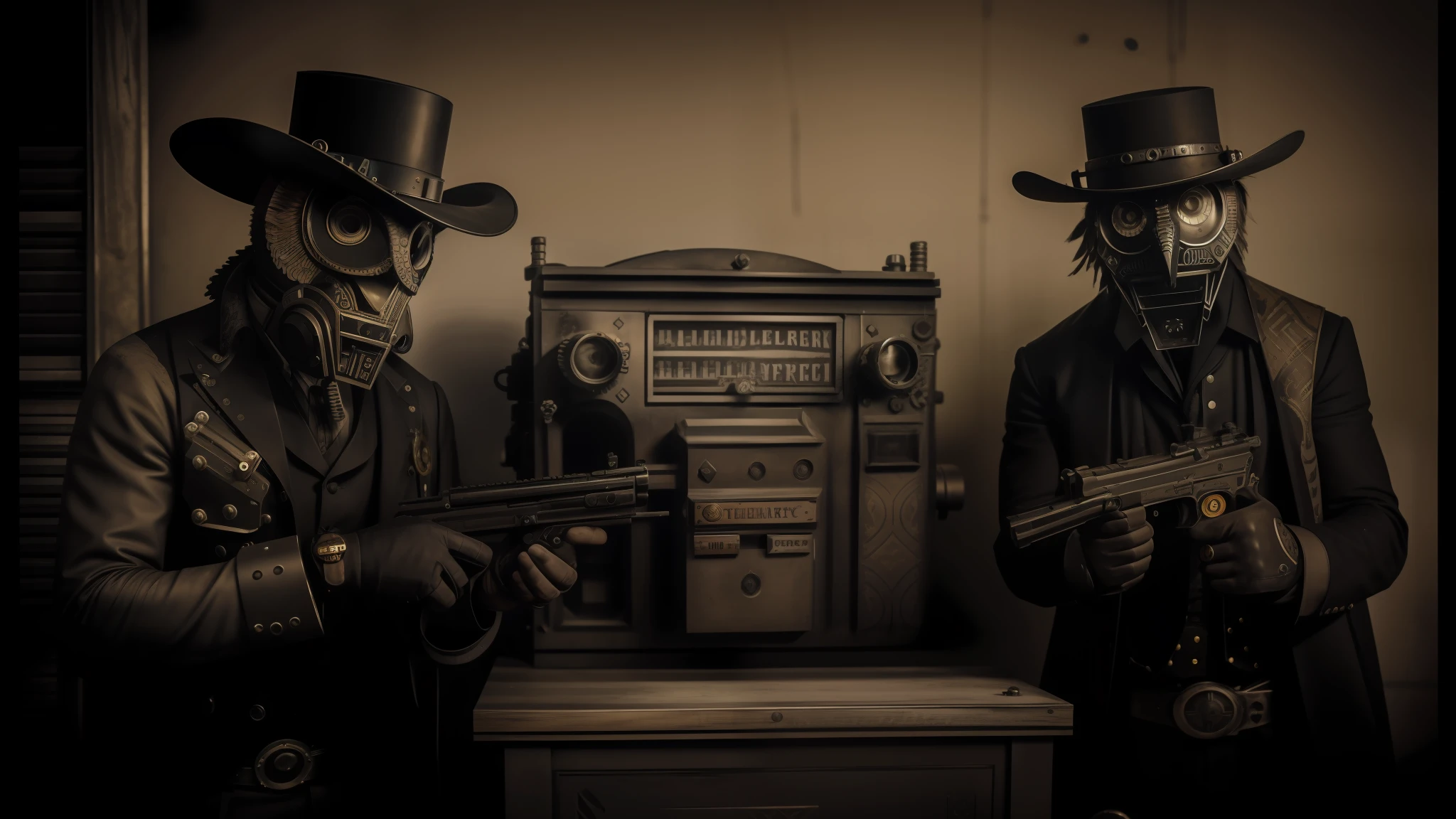 they are two men in costumes holding guns and a machine, video animation, steampunk tribal mask, 4k greyscale hd photography, in a wild west town, hardcore techno, owl studio and j.dickenson, empathy machines, by Ahmed Karahisari, photo booth, moloch, style of moebius