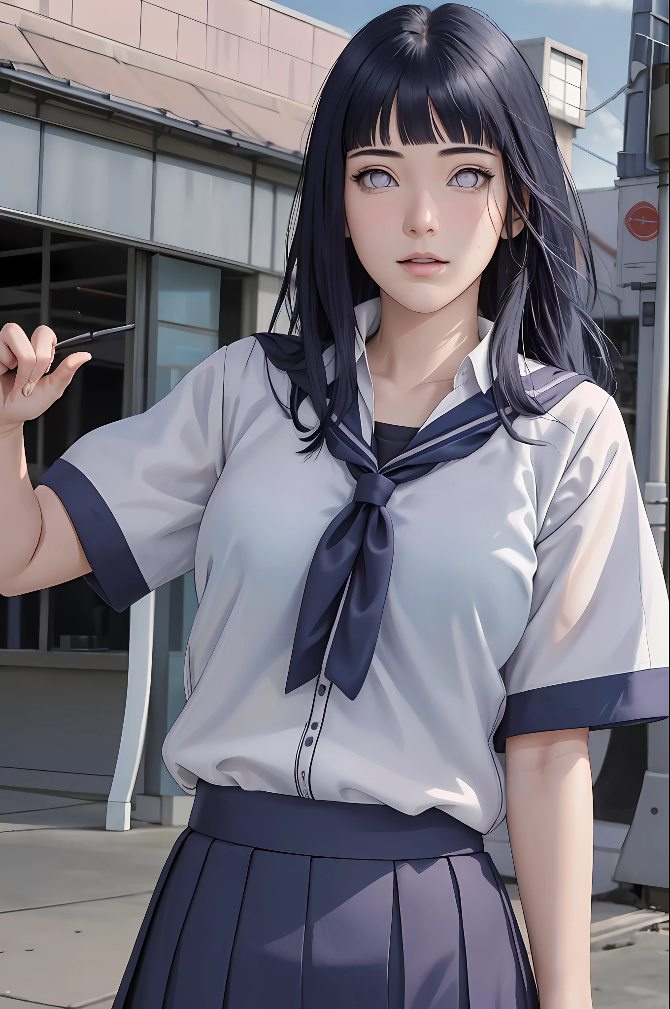 masterpiece, hinata\(boruto\), 1girl, solo, young female, ((((high school uniform)))), (high School), outdoors, looking at viewer, cloudy sky, perfect composition, detailed lips, school building, big breast, beautiful face, body propotion, blush, (pink lips), ((long hair)),  purple eyes,  soft gaze, sad smile,  super realistic, detailed, photoshoot, realistic face and body,  realistic hair, realistic eyes, realistic nose, realistic lips, (((dark blue hair))), 19 years old girl,  flowing skirt