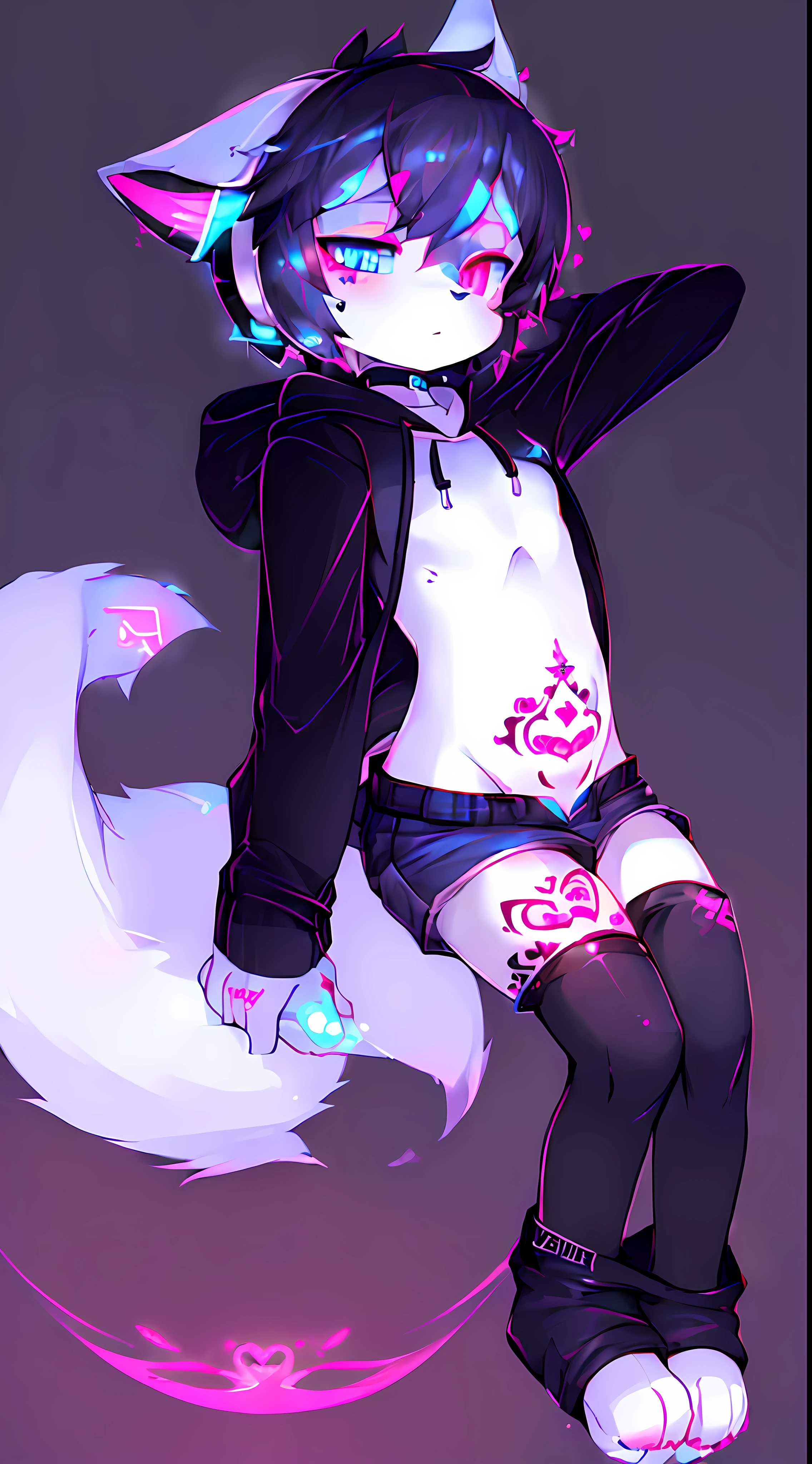Black Fox, ((Black body, White Body:1.5)), (((masterpiece))), collar, (Dragon Wings:1.45), (headphones:1.4), short hair, black hair, blush, (headphones:1.55), ((Thigh High Socks, Femboy Clothing, Femboy Thigh Highs:1.2)), ((a blue eyes, a pink eyes:1.55)), (((Femboy))), full body, ((womb tattoo, glowing tattoo:1.52)), ((guy look like women:1.52)), (fox tail:1.52), Full HD, 8K, ((short pant, Hoodie crop:1.52)), (small breasts:1.25), paw