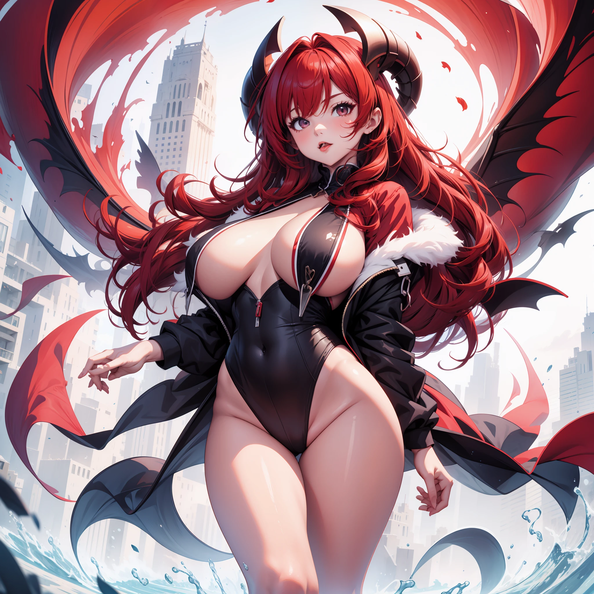 1gir, huge breasts, looking at viewer, facing viewer, red hair, long hair, breast curtains, (solo:1.5), tongue out, licking lips, demon girl, full body, [(white background:1.5), ::5]