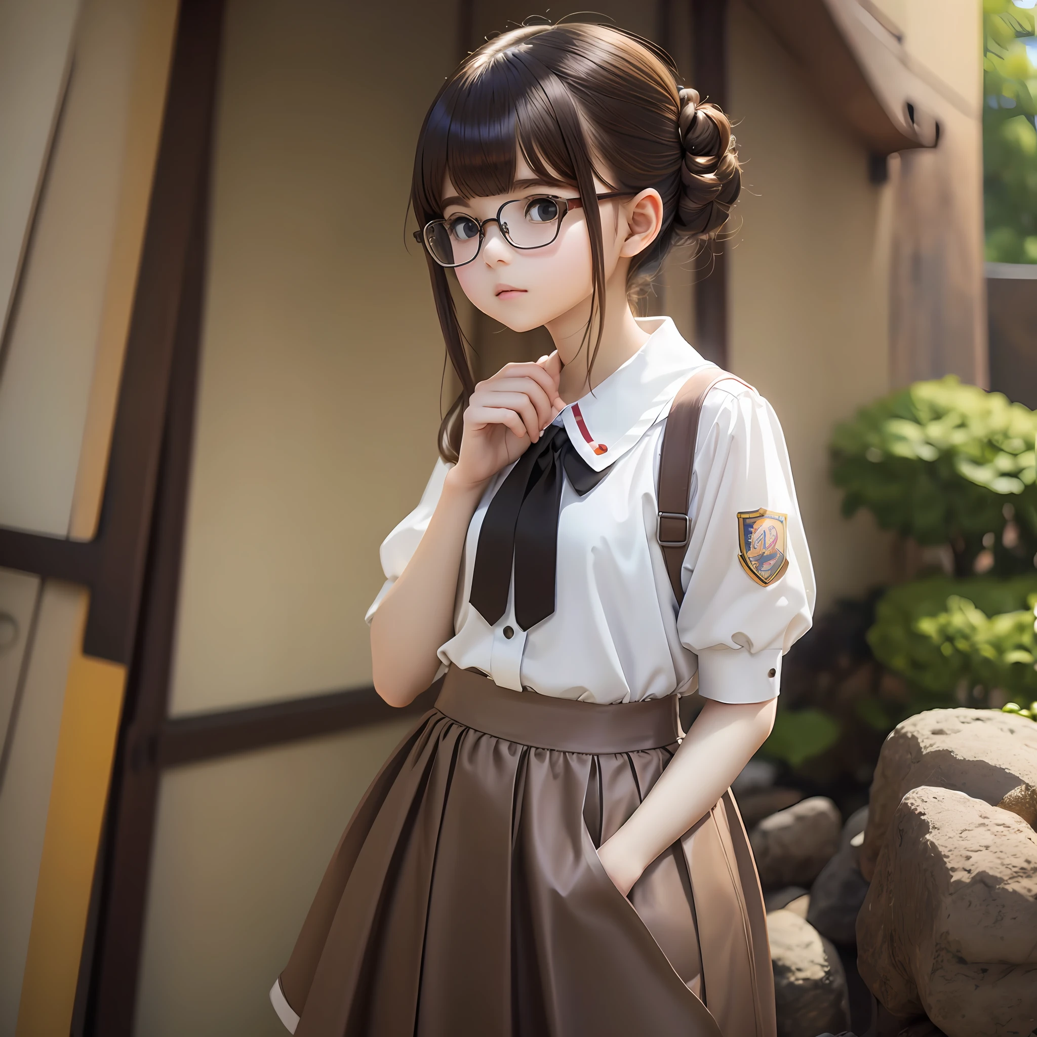 Masterpiece, the best quality, perfect restoration of a , 157 cm tall, short brown hair, cute shape, black-framed glasses with white shirt, loose pants and tie, the picture is vivid and natural, showing an anime style. --auto --s2