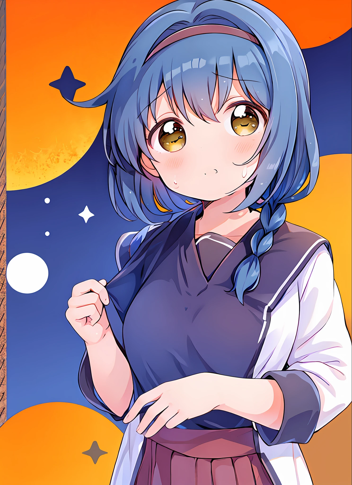 masterpiece, best quality, super detail, illustration, 1girl, solo, furutani_himawari, blue hair, brown eyes, hair band, medium hair, low twin braid, hair intake, Nanamori Gakuen uniform, upper body, sweat wiping gesture