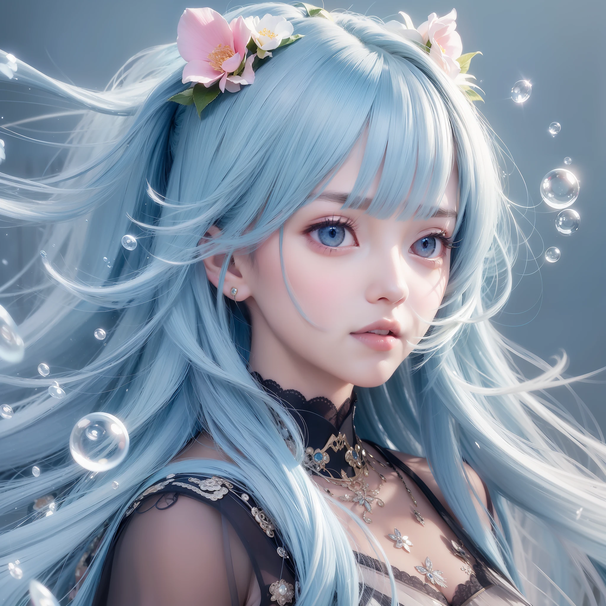 (masterpiece), (best quality), (ultra detailed),(disheed hair),(illustration), (1girl), (Fashionable clothing), standing, Fashion model, looking at viewer, (interview), (simple background), beautiful and delicate eyes, delicate beauty, floating, (high saturation), (colorful splash), colorful bubbles, (shine), focus on face, white teeth, straight teeth, tiger teeth, ponytail, Ayaka Kamisato, light blue hair, bangs, hair circles, floating flowers, flowing hair, (shiny), best lighting, best shadow,