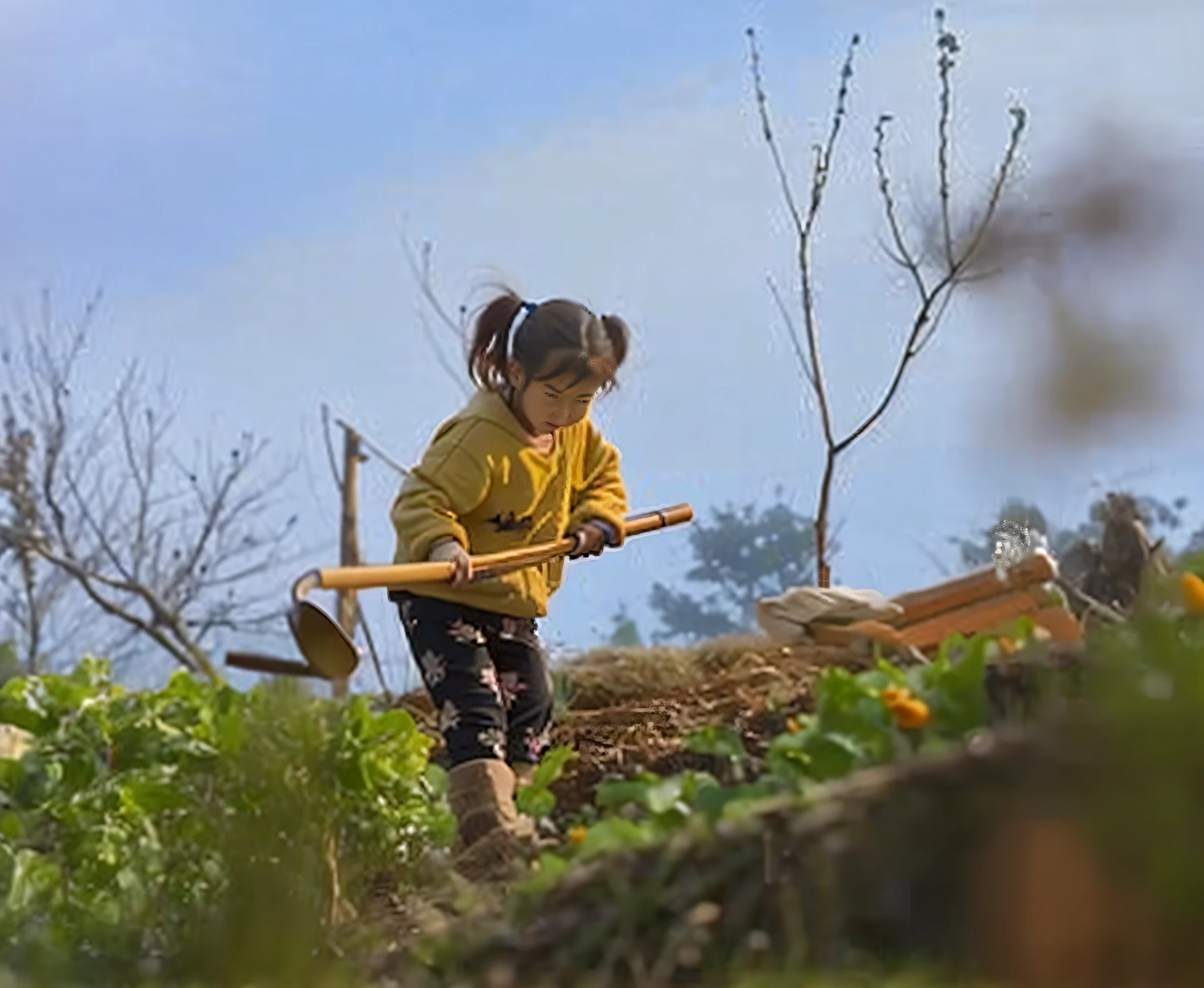 There is a young girl who is digging soil, permaculture, gardening, Japanese farmer, taking care of on Pinterest, she is the center of the garden, working in the fields
