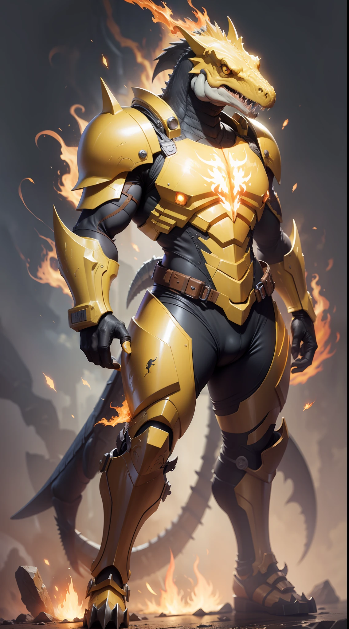 Tyrannosaurus, yellow, full body armor, flame,
