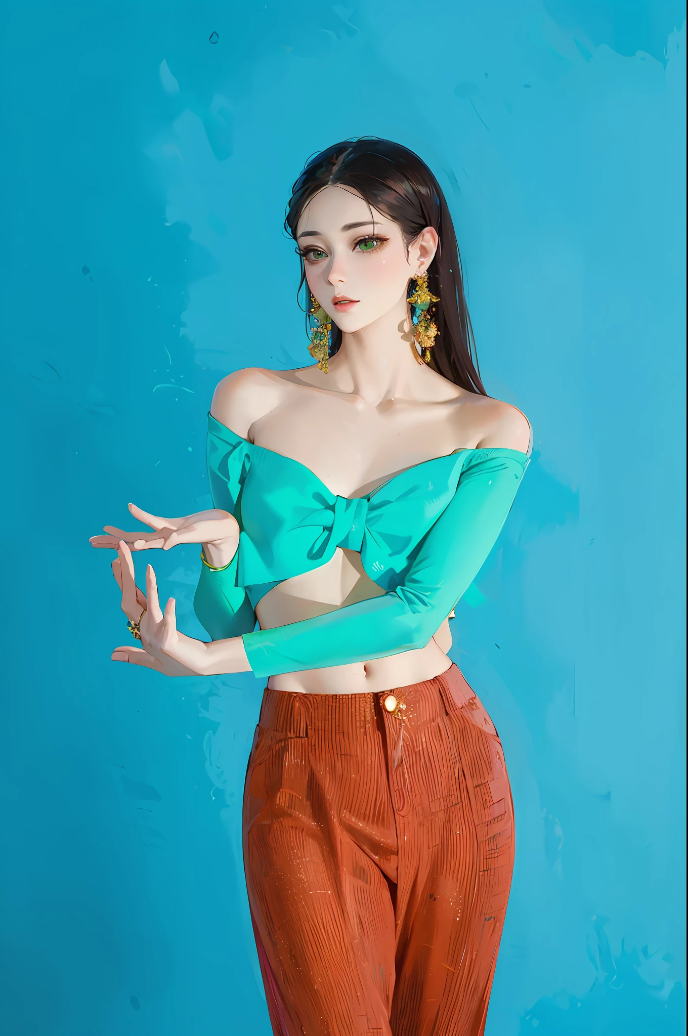 arafed woman in a green top and brown pants posing for a picture, dilraba dilmurat, sha xi, korean women's fashion model, photo of slim girl model, lulu chen, jia, with teal clothes, li zixin, official artwork, wenfei ye, gongbi, heonhwa choe, ji-min, cute elegant pose