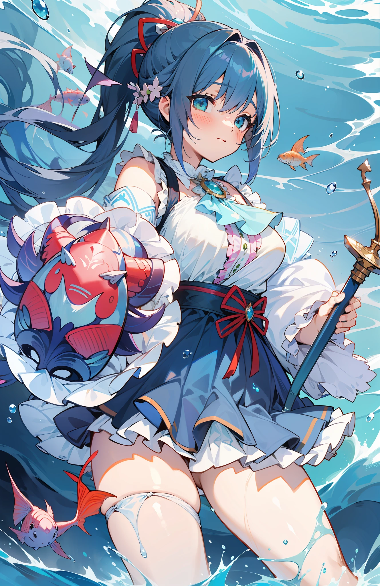 ,, {{eroge,game CG,high quality game CG},{{{1girl}}},{{masterpiece}}, {{{best quality}}}, {{ultra-detailed}}, {{illustration}},,game cg,{loli},magical girl,frills,frilled sleeves,frilled skirt,frilled sleeves,  frilled dress,wet,water drop,white liquid,{{{huge breasts}}},{{{japanese_armor}}},samurai,oppai_loli,petite, white swimsuit,{{old school swimsuit}}, brooch,blue brooch,old  schoolswimsuit under clothes, blue dress, blue hair,gradient_hair, green eyes,hair_ornament ,fish, full body, ponytail,{frilled dress},tail, fish tail, head fins,spear,magic spear,{{holding spear}},in water,water stream,from below,shield,{{holding shield}},