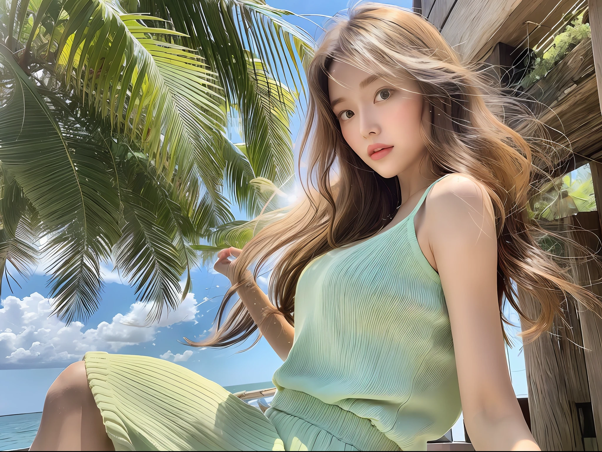 (8k, highest quality, masterpiece: 1.2), (hair_style), (realistic, photorealistic: 1.37), plump eyes, highest quality, masterpiece, in the summer sun, sky and sea background, shot on wooden deck, [small breasts], backlit, shooting from the waist up, camera angle from below, pose with hair raked up with hands, shot in natural light from morning to noon, Hairstyles and fashion styles that match the Japan trends of 2023, realistic, super detailed, 30s, actress, half Japanese and Russian half model, elaborate CG, slender, adorable, hairstyle matches the fashion of Japan in 2023 layer cut that flutters in the wind, delicate skin type, fine details and softness, model hair color is bright and soft, Choose a short-length T-shirt that matches the summer trends of 2023 and pair it with pale pastel colors for surf fashion.