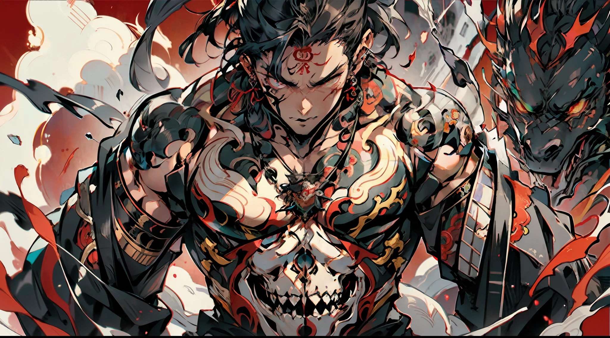 An anime poster featuring tattoos, young and dangerous, different hairstyle display, upper body dragon tattoo, skull ring and necklace ornaments, lean body, sharp and fierce eyes, male, different drawings, flow special effects, red background, visual impact, dragon art, real human fingers, manga style art, light red and light black, action painting, ukiyo-e