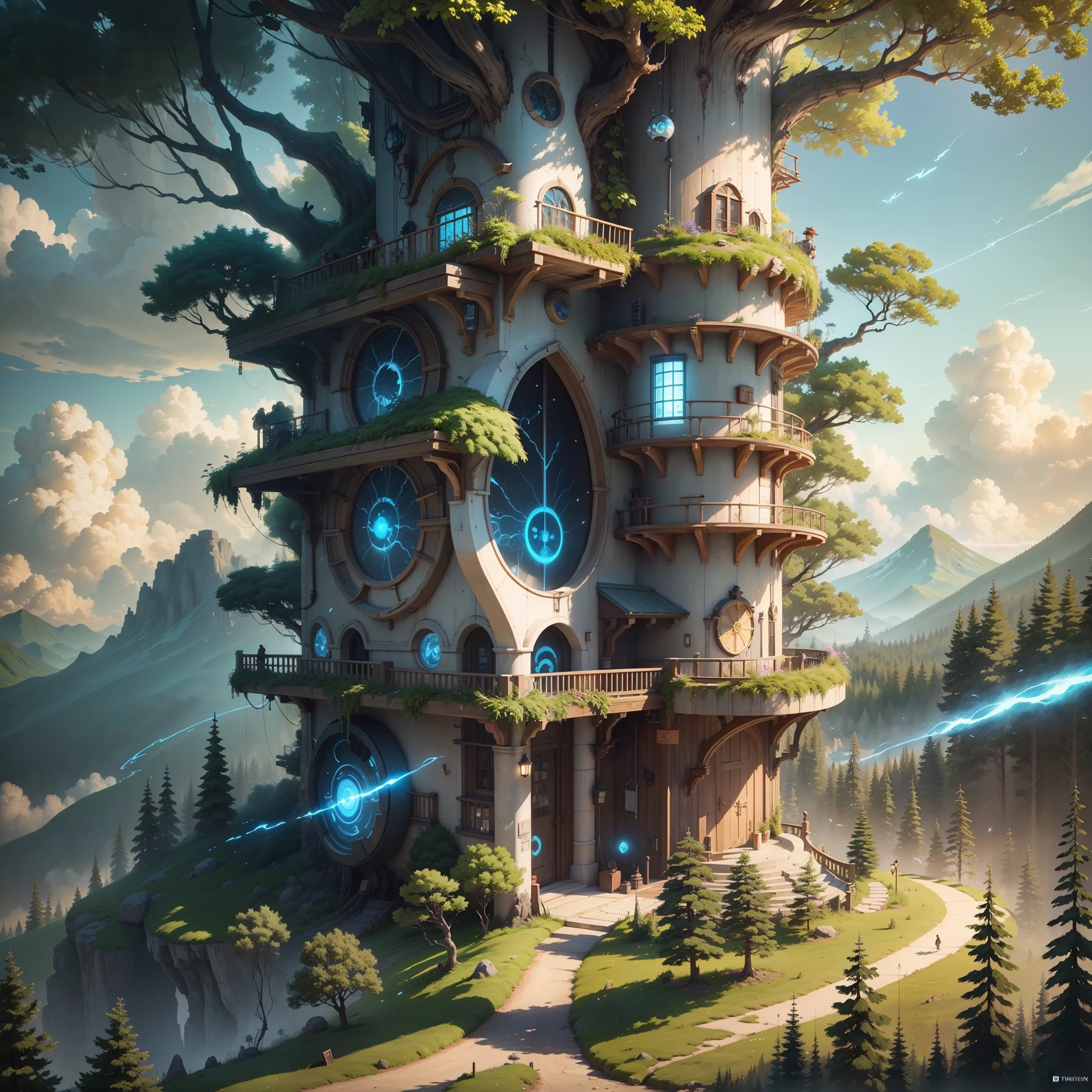 Masterpiece, best quality, (very detailed CG unity 8k wallpaper), (best quality), (best illustration), (best shadows), glow sprite, with cyborgs, natural elements in the forest theme. Mysterious forest, beautiful forest, nature, surrounded by flowers, delicate leaves and branches surrounded by fireflies (natural elements), (jungle theme), (leaves), (twigs), (particle effects) etc. 3D , Octane rendering, ray tracing, super Detailed Sky, Clouds, holding_weapon, no_humans, Glow, giant mechanical _ trees , city with tall trees _Architecture, “sky, cloud, glowing, big trees ,cybernetic landscape, robot, cybernetic _trees, tree_mech, sci-fi, cityscape, realistic, mechanical” Science Fiction, Cities, Rendered in Octane, hyper realistic, 8k, epic composition, cinematic, octane render, artstation landscape vista photography by Carr Clifton & Galen Rowell, 16K resolution, Landscape veduta photo by Dustin Lefevre & tdraw, 8k resolution, detailed landscape painting by Ivan Shishkin, DeviantArt, Flickr, rendered in Enscape, Miyazaki, Nausicaa Ghibli, Breath of The Wild,,trending in artstation, cgsociety, 8k post-processing highly detailed,Junji Murakami, Mucha Klimt, Sharandula, Hiroshi Yoshida, Tom Bagshaw, Ross Tran, Artgerm,Craig Mullins,dramatic,Junji Murakami, --auto --s2