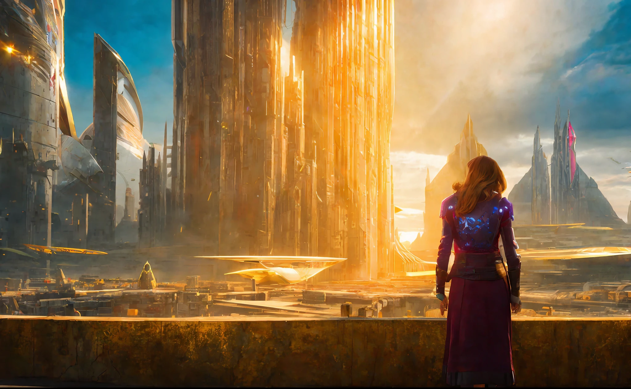 girl on the background of the city, style, Sidon, golden rays light, golden flashes, futuristic sci-fi city landscape, sci-fi, ultra-realistic, high resolution, city