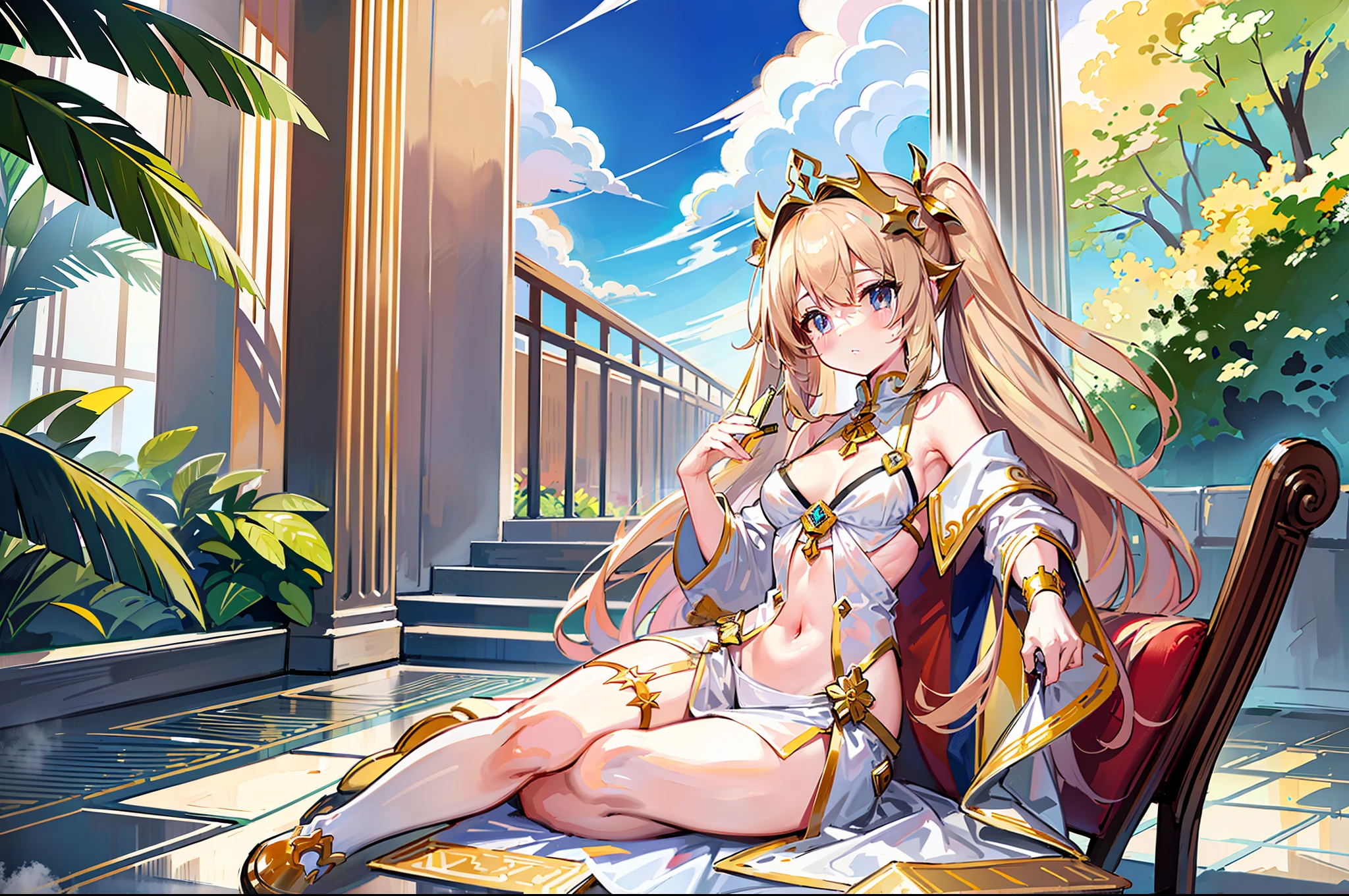 (MASTERPIECE), (Best Quality), (Ultra Detail), Official Art, One Girl, Golden Haired Loli, Petite Little Girl, Saint Lori, Priestess, Gold and Silver See-Through Dress, Sleeveless, Off Shoulder, Small, Small Breasts, Cleavage, Underboob, Thigh Focus, Navel Out, Beautiful Eyes, Sitting on a Red and Gold Chair, Card Illustration, Temple, Wallpaper