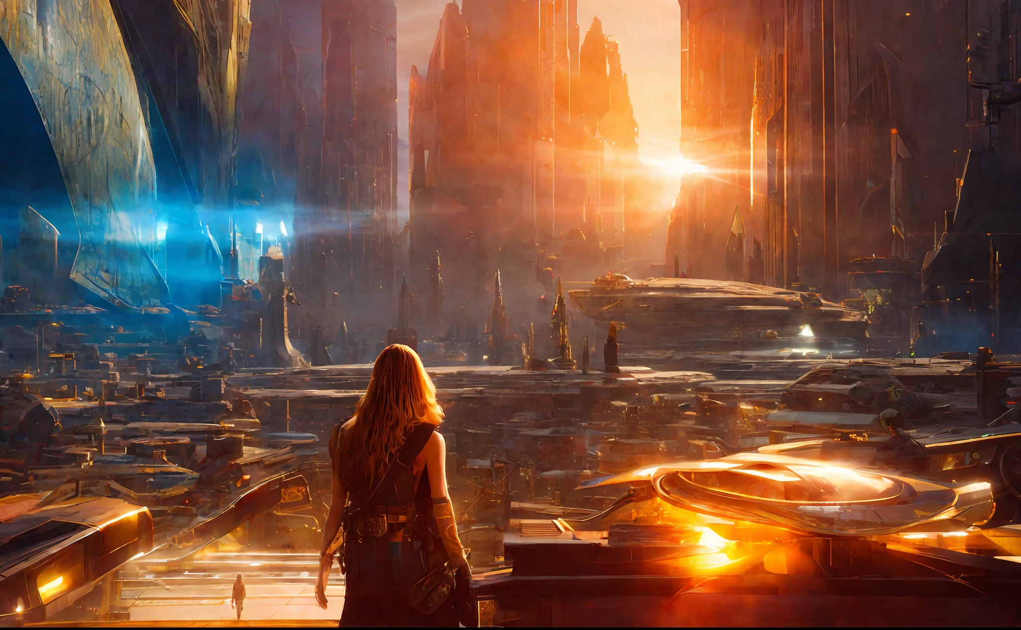 girl on the background of the city, style, Sidon, golden rays light, golden flashes, futuristic sci-fi city landscape, sci-fi, ultra-realistic, high resolution, city