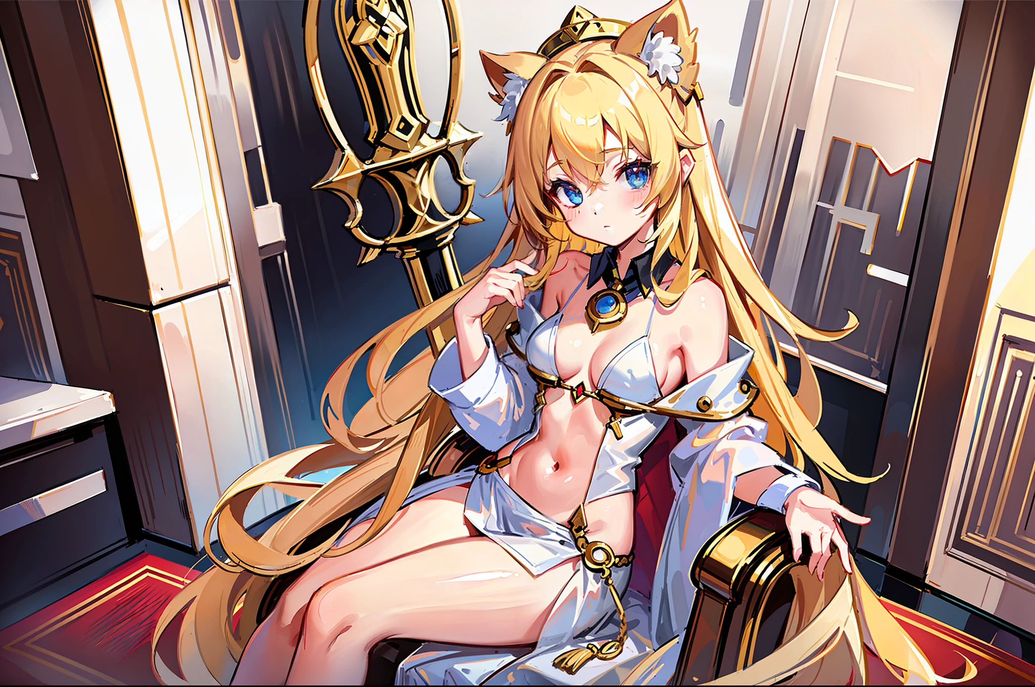 (MASTERPIECE), (Best Quality), (Ultra Detail), Official Art, One Girl, Golden Haired Loli, Petite Little Girl, Saint Lori, Priestess, Gold and Silver See-Through Dress, Sleeveless, Off Shoulder, Small, Small Breasts, Cleavage, Underboob, Thigh Focus, Navel Out, Beautiful Eyes, Sitting on a Red and Gold Chair, Card Illustration, Temple, Wallpaper