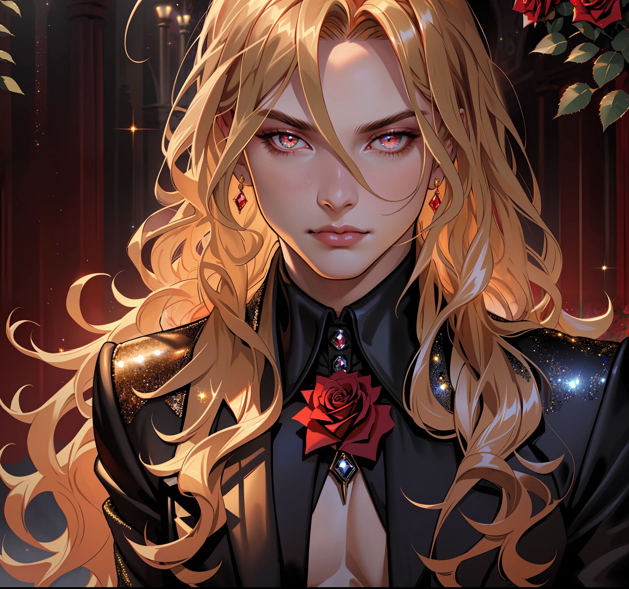 masterpiece, highest quality, hyper realistic, (perfect face:1.1), (high detail:1.1), vampire man with long curly golden blonde hair, soft hair, ruby eyes, slit pupil, solo ,1guy, long hair, red Victorian suit, Rose Garden detailed background, realistic, covered navel, full lips, perfectly drawn face, cinematic lighting, balenciaga, glitter