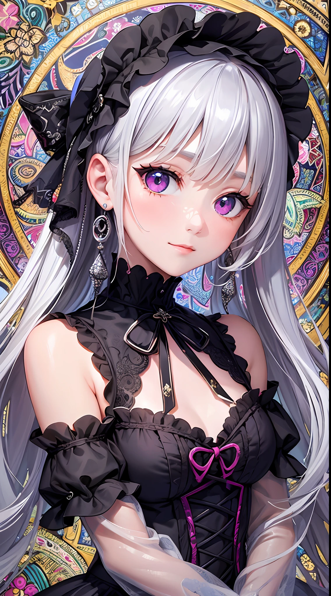 ((background 80% person 20%))),Masterpiece, high resolution, Paisley pattern wallpaper, intricately drawn Paisley pattern, (Small subject, wide background), 10,000 colors, colorful, craftsmanship, 1 girl, 9 figures, looking at the viewer, smiling, silver hair,, diamond ornaments, colorful decorations, light grains fluttering, Detailed Gothic style, (Maximalism: 1.5), diffused lighting, (depth of field: 1.8), Gothic ta, diffuse reflection of light,
