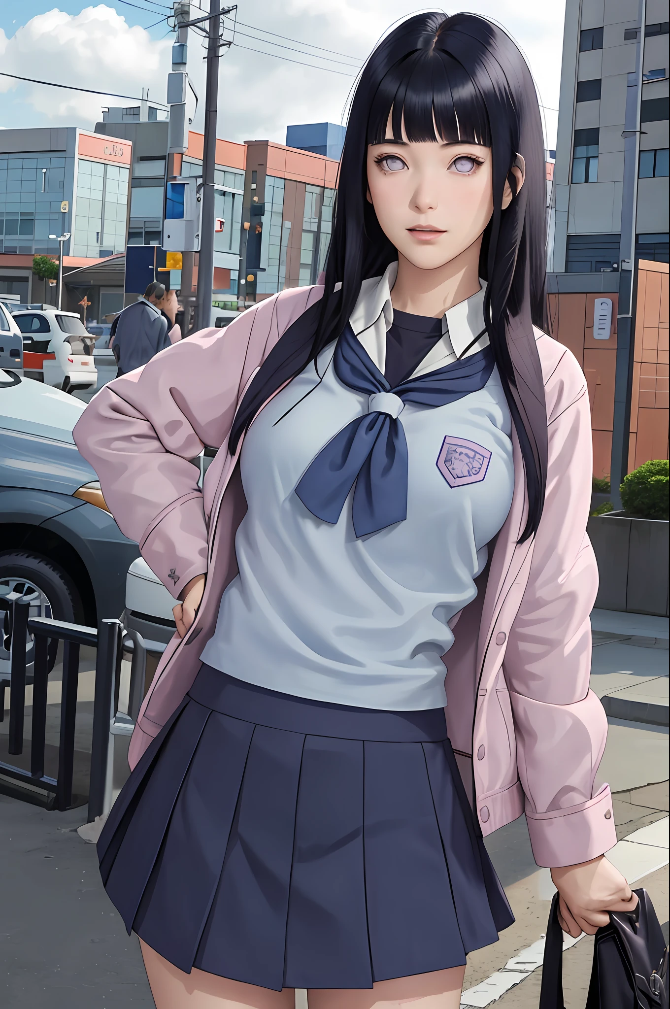 masterpiece, hinata\(boruto\), 1girl, solo, young female, ((((high school uniform)))), (high School), outdoors, looking at viewer, cloudy sky, perfect composition, detailed lips, school building, big breast, beautiful face, body propotion, blush, (pink lips), ((long hair)),  purple eyes,  soft gaze, sad smile,  super realistic, detailed, photoshoot, realistic face and body,  realistic hair, realistic eyes, realistic nose, realistic lips, (((dark blue hair))), 19 years old girl,  flowing skirt