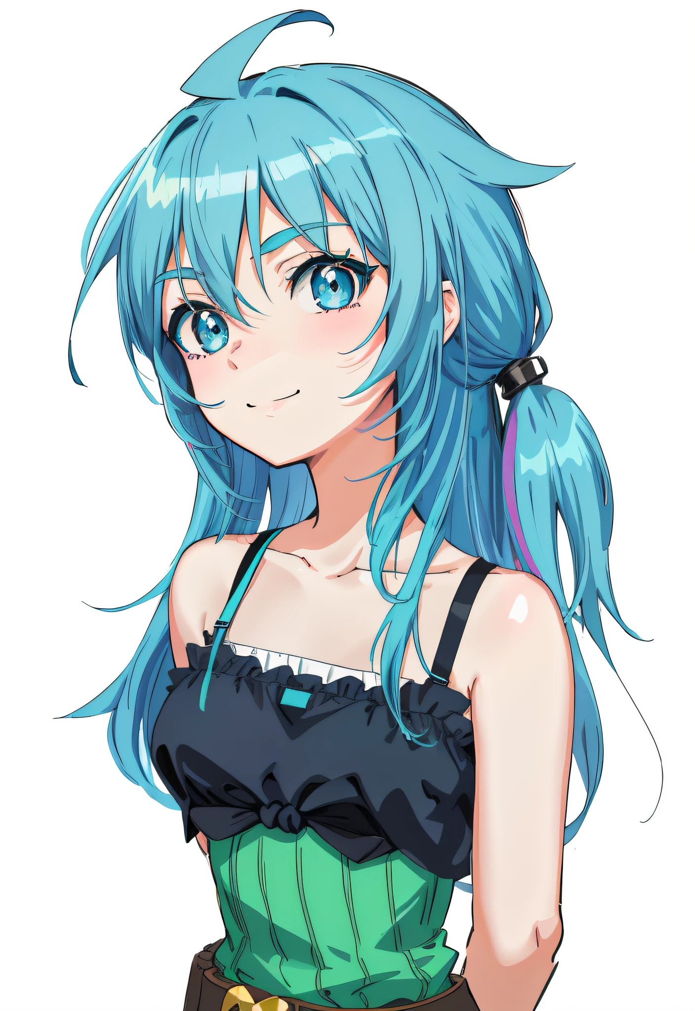 Anime girl with light blue hair and black bra top, anime moe art style, paint tool sai!! Blue, teal hair anime girl, anime girl, drawn in anime painter studio, cute anime girl, 2D anime style, flat anime style shading, best image quality, masterpiece, detailed eyes, blue eyes, black bra top, put index finger on cheek, (smile), detailed hair, light blue hair, hands on the waist, ((hair elastic, tied hair)), Very thin eyebrows, ahoge, detailed body, long horizontal hair, green vertical knit fabric, (brown leather belt), detailed attire