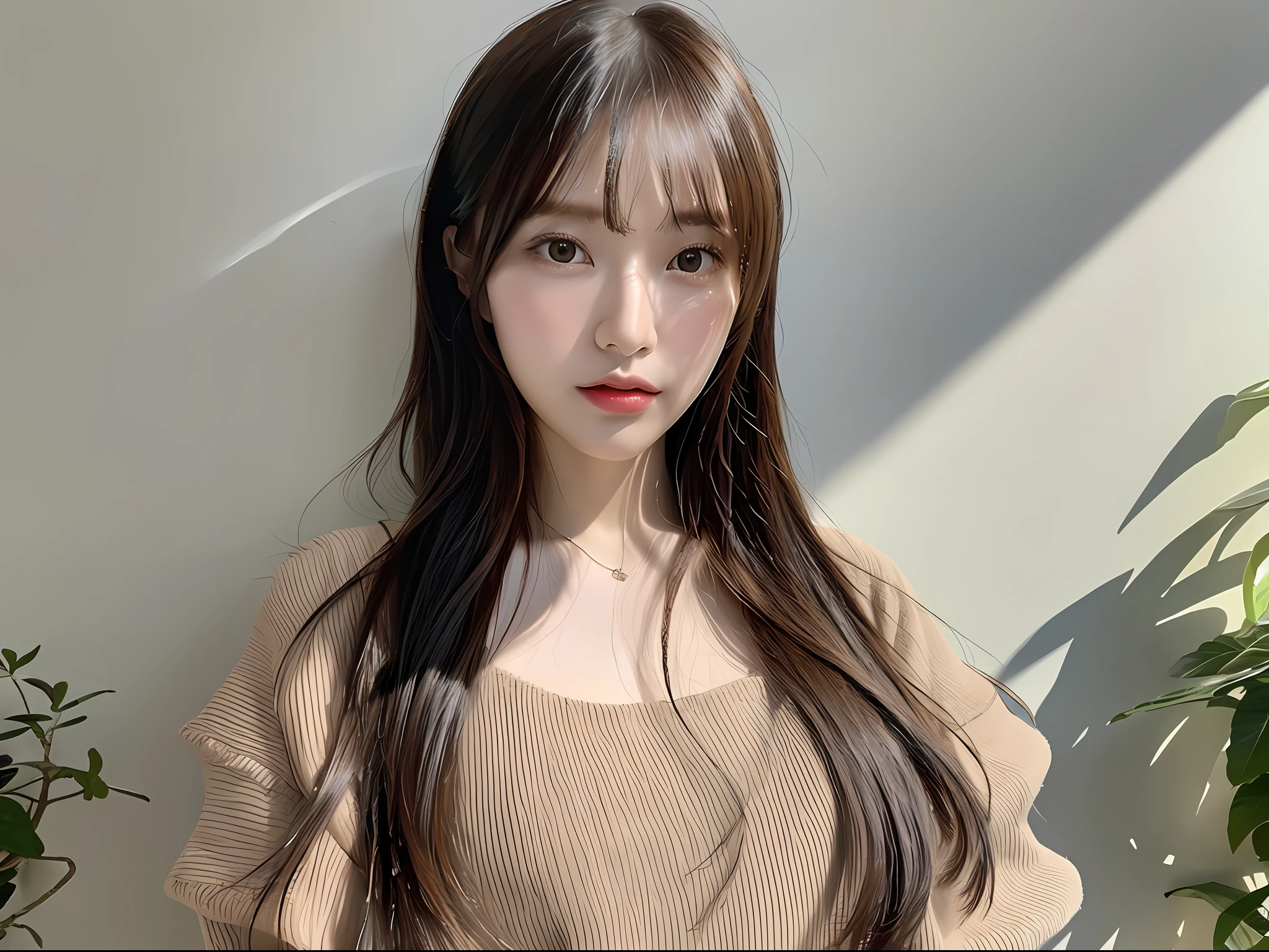 (8k, highest quality, masterpiece: 1.2), (hair_style), (realistic, photorealistic: 1.37), plump eyes, highest quality, masterpiece, standing in front of a white wall, [small breasts], professional lighting, shooting the subject from a distance, angle from the waist up, shot in natural light from morning to day, fashion style of Japan trend of 2023, realistic, super detail, 30s, actress, elaborate CG, slender, hairstyle is straight straight hair, delicate skin type, emphasizes the luster of hair,