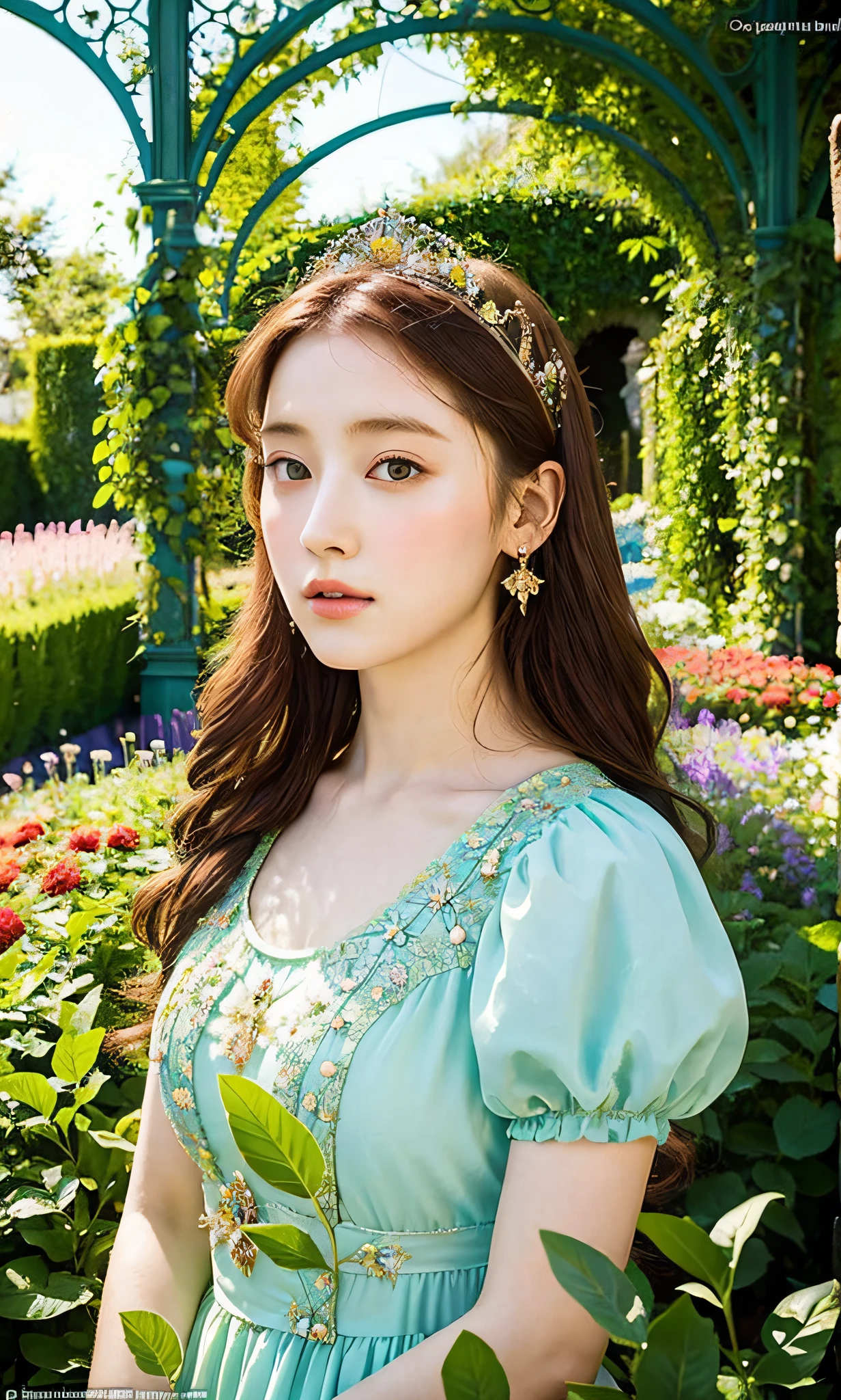pre-raphaelite masterpiece, beautiful young fantasy princess in a flower garden, glow, arches