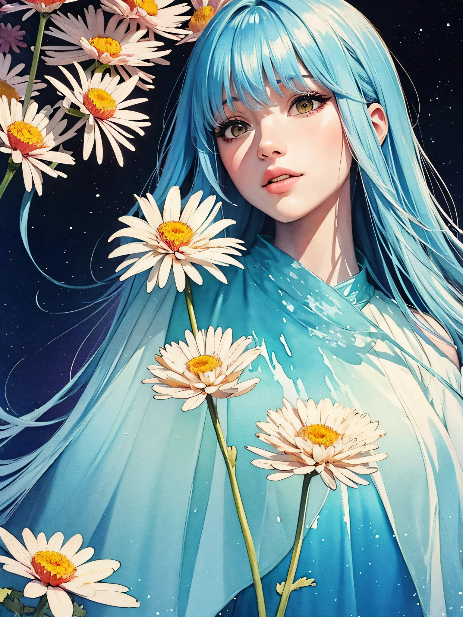 (watercolor) Masterpiece Portrait, Hdr, volumetric lighting, (themum:1.3), valley mountain forest, ocean ice rivers aurora, (portrait) anime (woman:1.3) 1girl