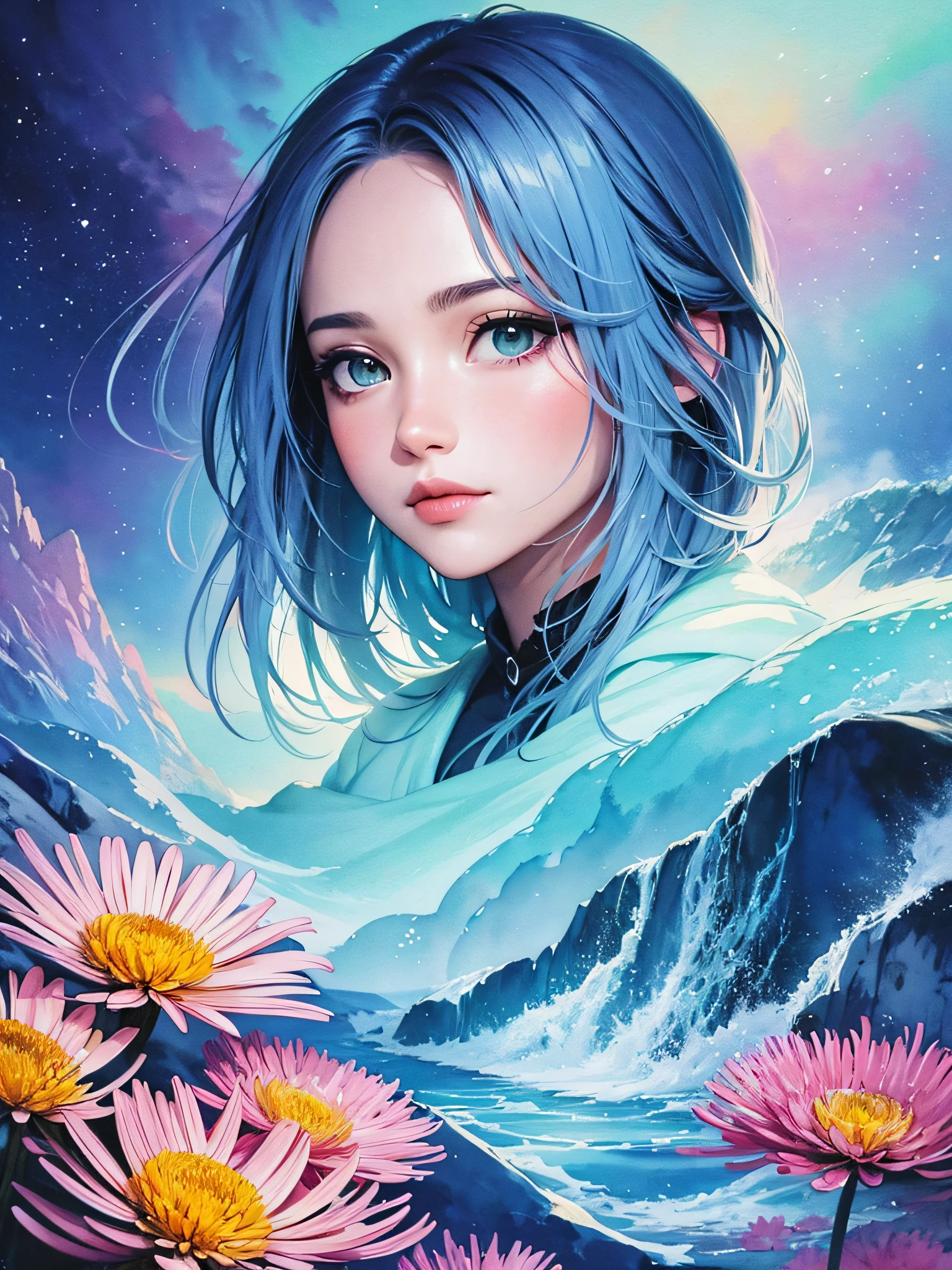 (watercolor) Masterpiece Portrait, Hdr, volumetric lighting, (themum:1.3), valley mountain forest, ocean ice rivers aurora, (portrait) anime (woman:1.3) 1girl