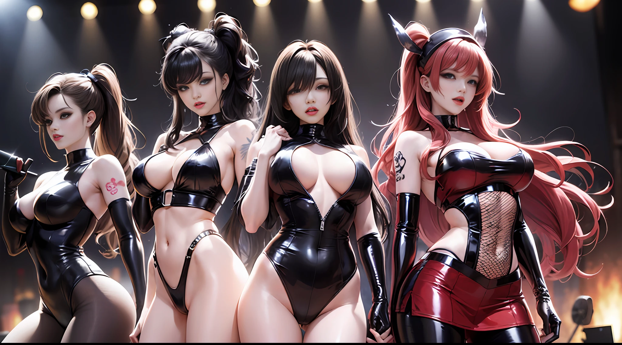 Korean girl group, all are hot girls, black masks, 8K resolution, strong figure, {{Huge_breast}}, straight chest, tall, long legs, thin and transparent tights, {{latex}}, {{glossy}}, {slim}, fair skin, {black_stockings}, the highest details, light curly hair, long bangs, openwork, side space, various tattoos all over the body, hair colors are different, singing and dancing on stage, sweating