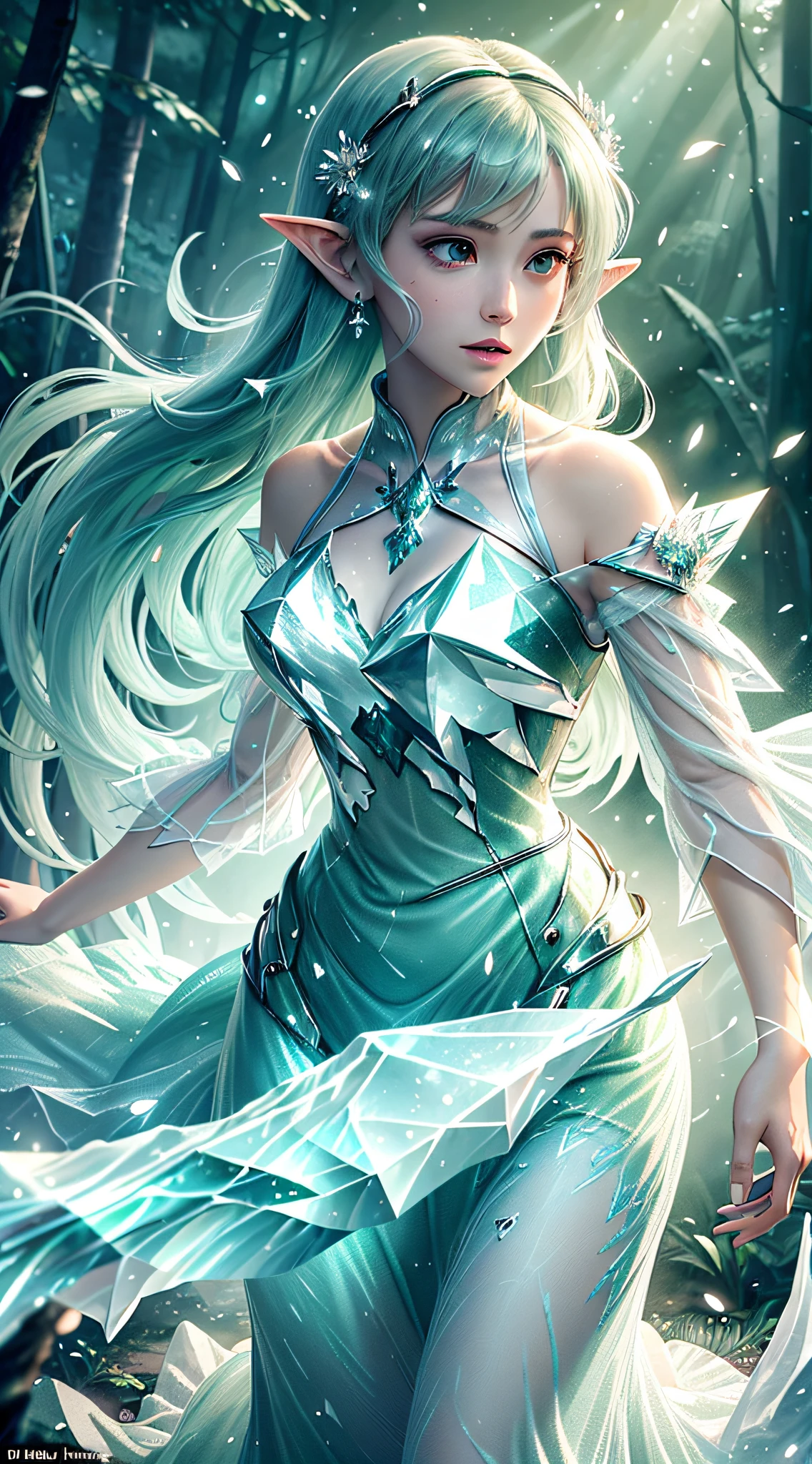 (Masterpiece, Top Quality, Best, Official Art, Beautiful and Aesthetic, Long Exposure: 1.2), Smooth Movement, Charming Patterns, 1 Girl, (Long Dress with Sleeves: 1.3), (((Green Clothes) )), upper body close-up, bare shoulders, Chinese girl, blush, black lob hair, portrait, solo, upper body, looking at the observer, detailed background, detailed face, (crystallineAI, crystalline theme:1.1), elemental wood elf, rotation foliage, control foliage, emerald clothing, dynamic pose, floating particles, ethereal dynamics, foliage, vapor, forest in the background, green tint, forest, ethereal atmosphere,