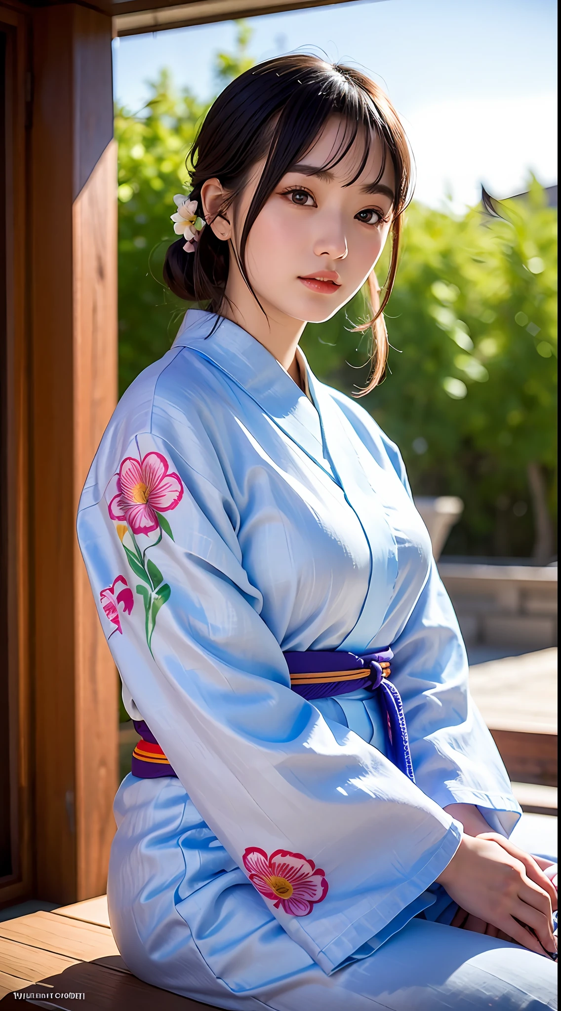 (yinchuan:1.5), close-up, masterpiece, best quality, raw photo, photorealistic, big breasts, beautiful face, soft smile, 20 year old girl, colorful linen yukata, yukata with flower design, hemp fabric yukata, dusk, middle hair depth of field, high-resolution, ultra-detailed, fine detail, highly detailed, highly detailed eyes and face, sharp pupils, realistic pupils,