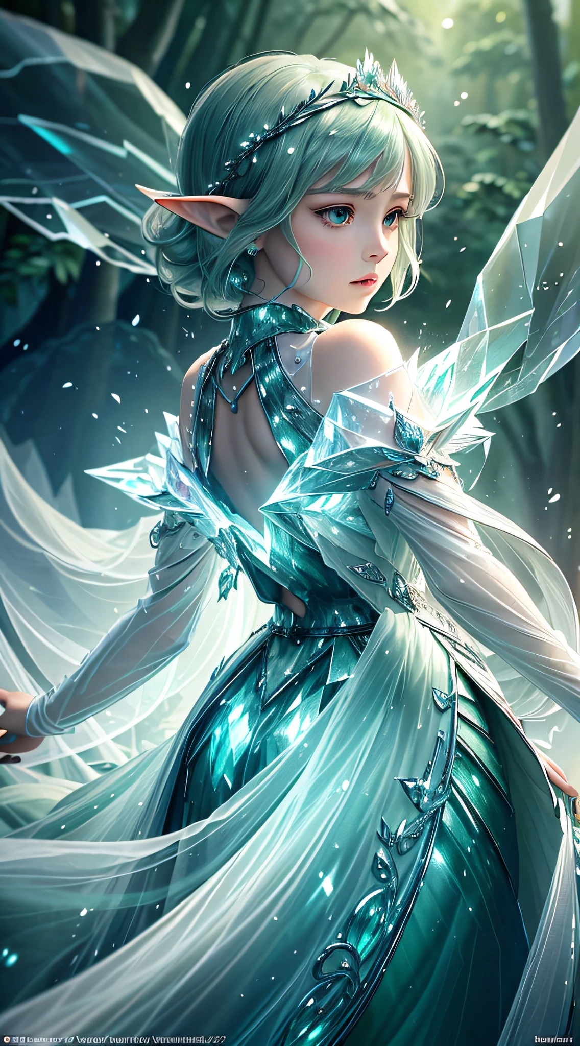 (Masterpiece, Top Quality, Best, Official Art, Beautiful and Aesthetic, Long Exposure: 1.2), Smooth Movement, Charming Patterns, 1 Girl, (Long Dress with Sleeves: 1.3), (((Green Clothes) )), upper body close-up, bare shoulders, Chinese girl, blush, black lob hair, portrait, solo, upper body, looking at the observer, detailed background, detailed face, (crystallineAI, crystalline theme:1.1), elemental wood elf, rotation foliage, control foliage, emerald clothing, dynamic pose, floating particles, ethereal dynamics, foliage, vapor, forest in the background, green tint, forest, ethereal atmosphere,