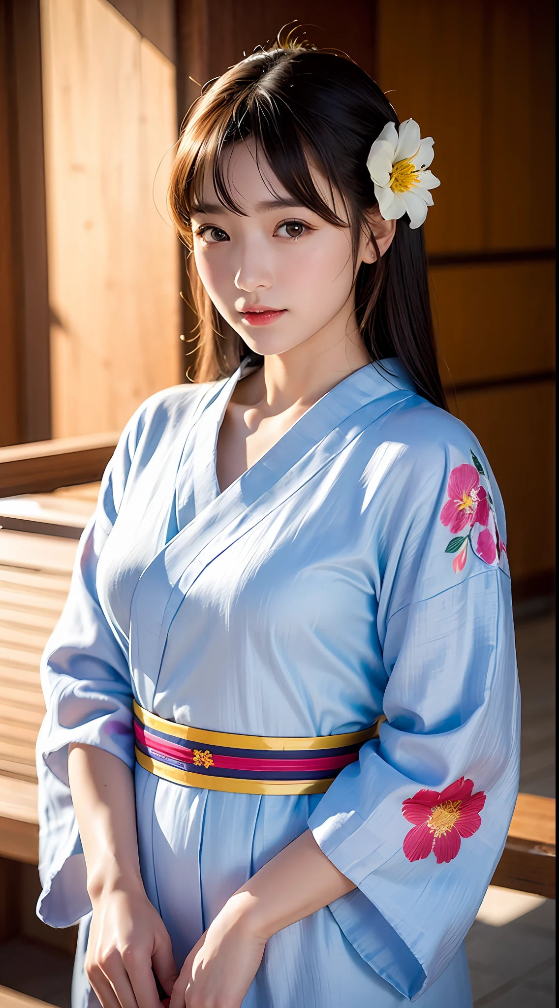 (yinchuan:1.5), close-up, masterpiece, best quality, raw photo, photorealistic, big breasts, beautiful face, soft smile, 20 year old girl, colorful linen yukata, yukata with flower design, hemp fabric yukata, dusk, middle hair depth of field, high-resolution, ultra-detailed, fine detail, highly detailed, highly detailed eyes and face, sharp pupils, realistic pupils,