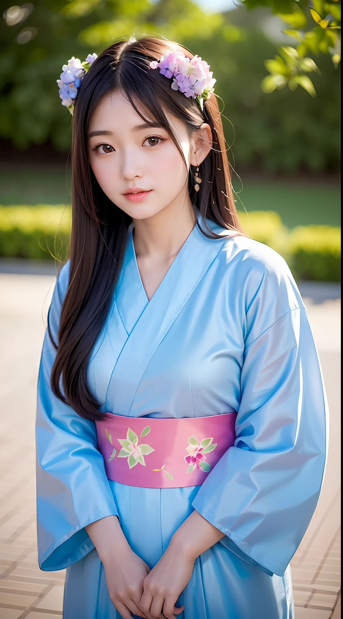 (yinchuan:1.5), close-up, masterpiece, best quality, raw photo, photorealistic, big breasts, beautiful face, soft smile, 20 year old girl, cotton yukata with hydrangea design, dusk, middle hair depth of field, high resolution, ultra detail, fine detail, very detailed, highly detailed eyes and face, sharp pupils, realistic pupils,