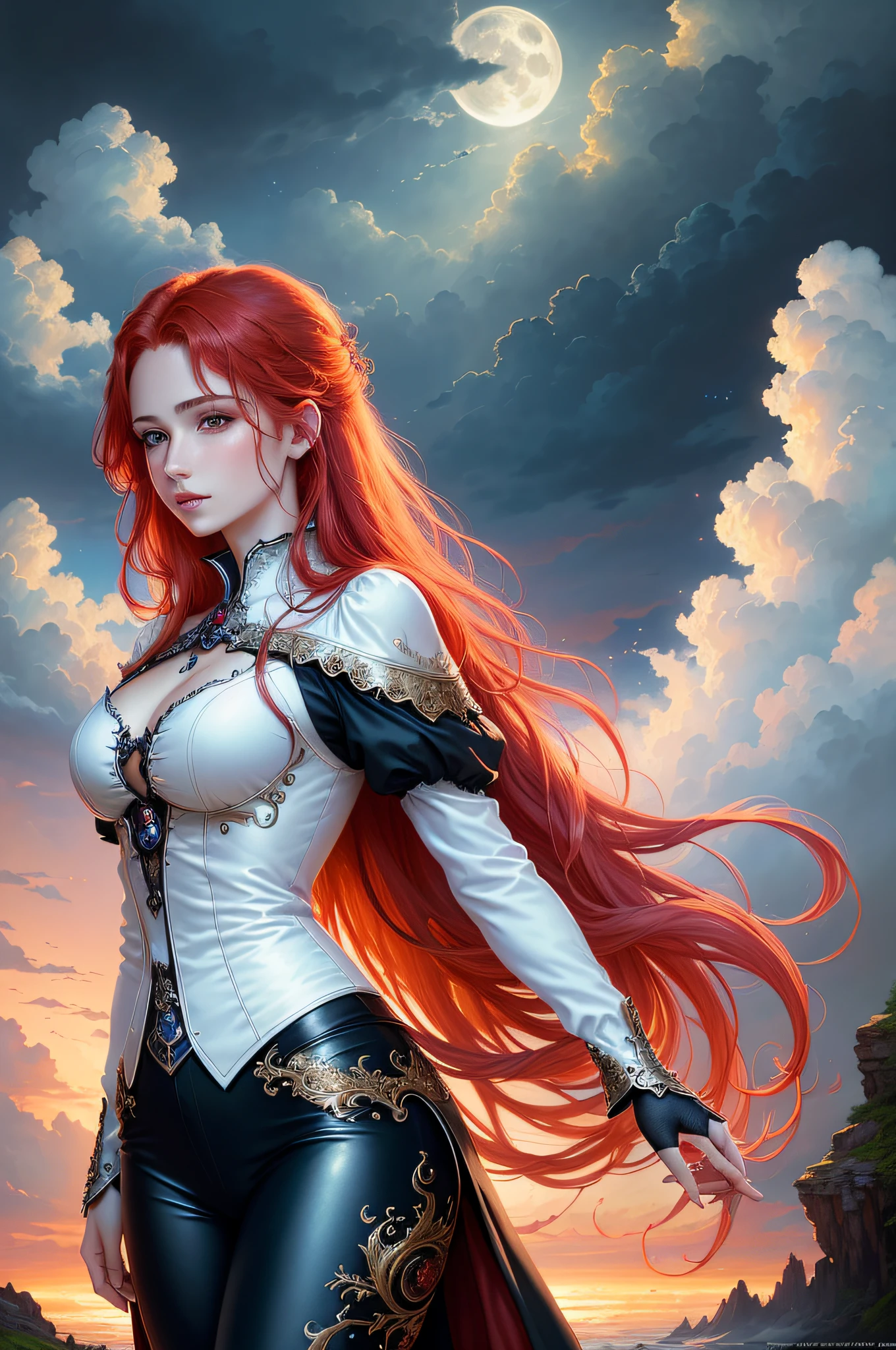 ((best quality)), ((masterpiece)), (detailed) red hair, ethereal beauty, (fantasy illustration: 1.3), enchanting gaze, captivating pose, fabulous and gorgeous white shirt and black pants suit, charm of other world, mystical sky, (Luis Royo:1.2), (Yoshitaka Amano:1.1), moonlit night, soft colors, (detailed clouds:1.3), (high resolution:1.2)