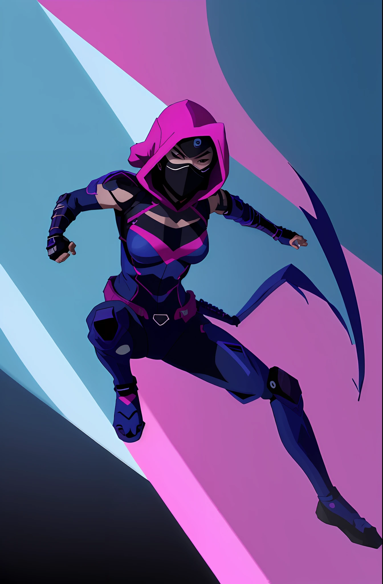 super heroine ninja, asian woman, trans woman, tgirl, cool ninja, small blue and pink details, small breasts, mouth mask, cool ninja, 8k, shadows, dark background, vigilant super heroine, dark, cute