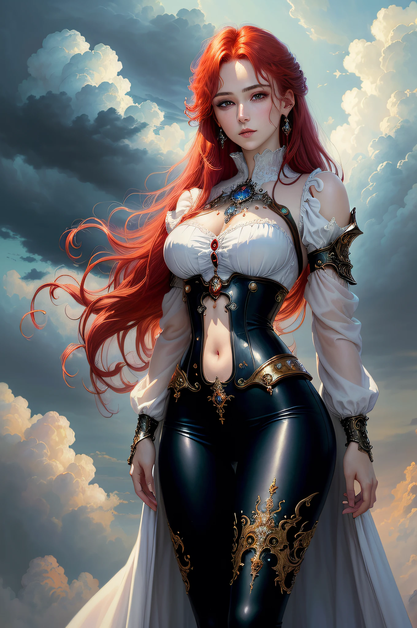 ((best quality)), ((masterpiece)), (detailed) red hair, ethereal beauty, (fantasy illustration: 1.3), enchanting gaze, captivating pose, fabulous and gorgeous white shirt and black pants suit, charm of other world, mystical sky, (Luis Royo:1.2), (Yoshitaka Amano:1.1), moonlit night, soft colors, (detailed clouds:1.3), (high resolution:1.2)