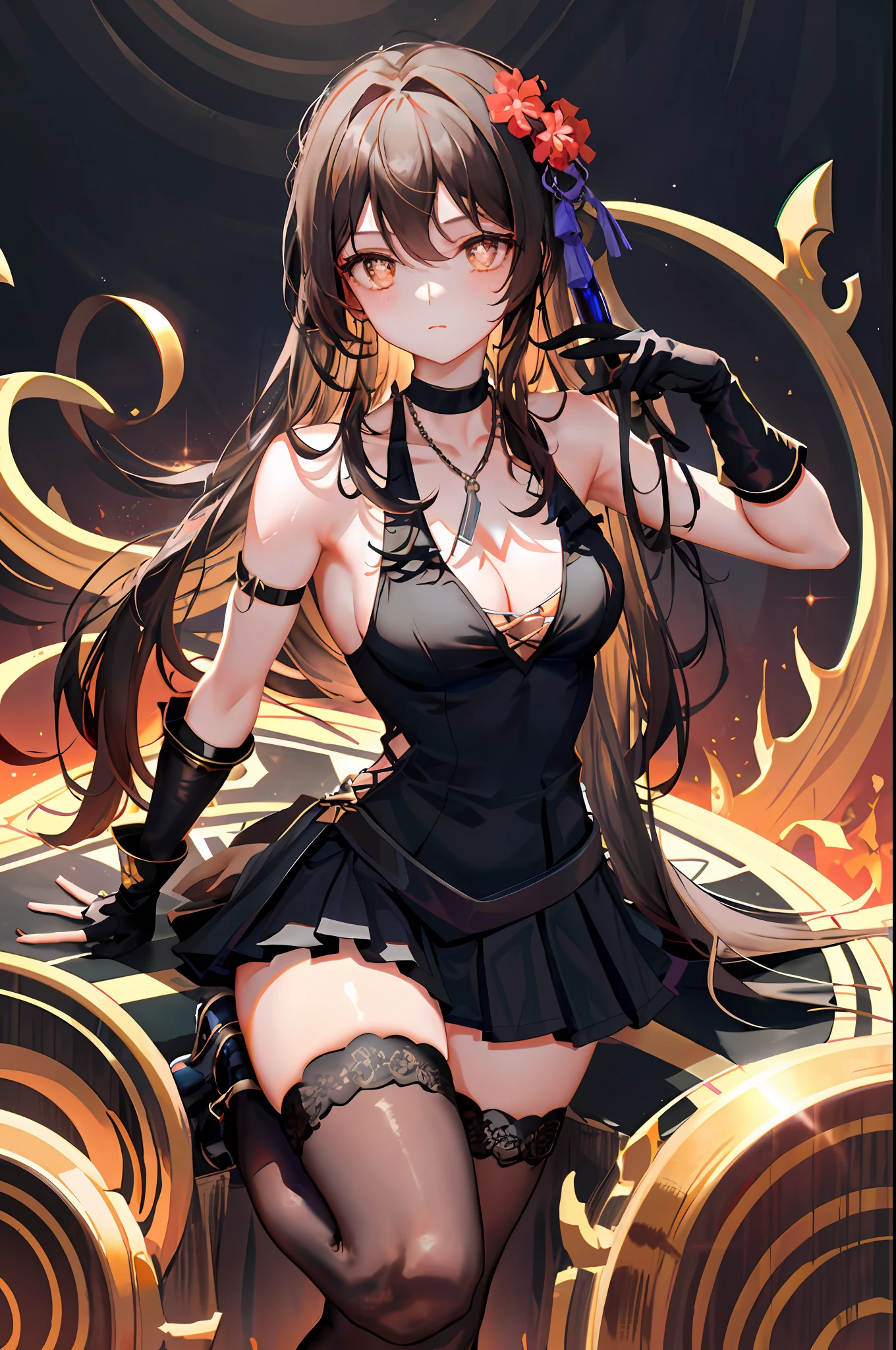 Hu Tao, 1girl, alcohol, alternate costume, armlet, bare shoulders, black background, black dress, black pleated skirt, black gloves, black thighhighs, breasts, cleavage, criss-cross halter, cup, dress, drinking glass, flower, gloves, gradient background, hair between eyes, low twintail hair, halterneck, holding, holding cup, jewelry, medium breasts, long hair, looking at viewer, necklace, black brown hair, brown nails, brown eyes, flower pupils, see-through gloves, solo, thighhighs, thighs, very long hair, wine, wine glass, ((masterpiece)), sitting,