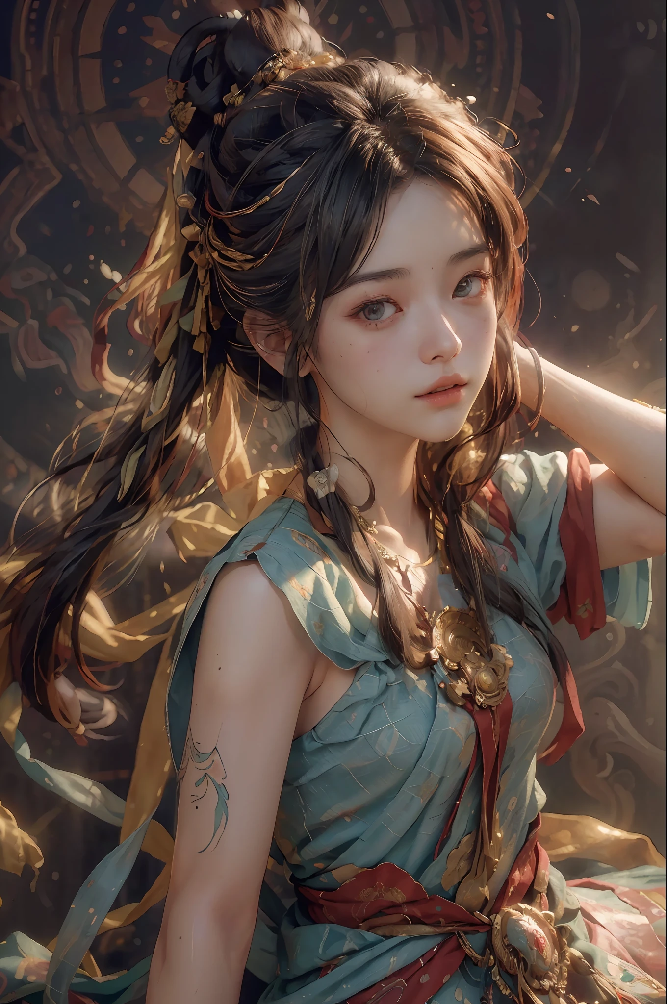 (RAW photo, best quality), (realistic, photo-realistic:1.3),best quality,highly detailed,masterpiece,ultra-detailed,illustration,1girl,upper_body,dynamic angle,world masterpiece theater,messy_long_hair,best quality,extremely detailed CG unity 8k wallpaper,ink,Amazing,cinematic lighting,lens_flare, dunhuang_style