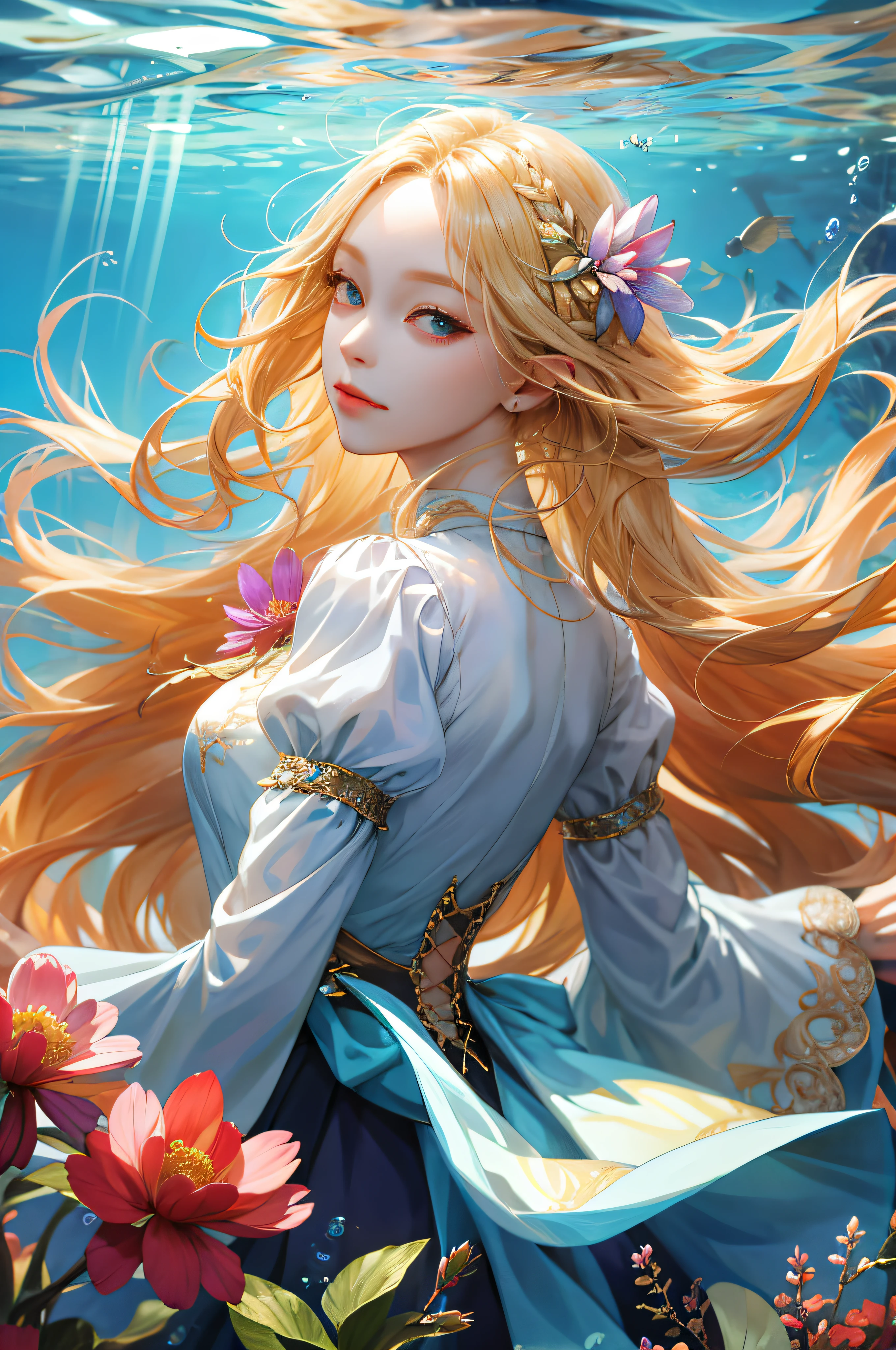 (absurdres, highres, ultra detailed), 1girl, solo, mature, (long blonde hair), fanasy, long sleeve, elegant, holy, colorful, highest detailed, underwater, floating hair, flower, looking back, upper body