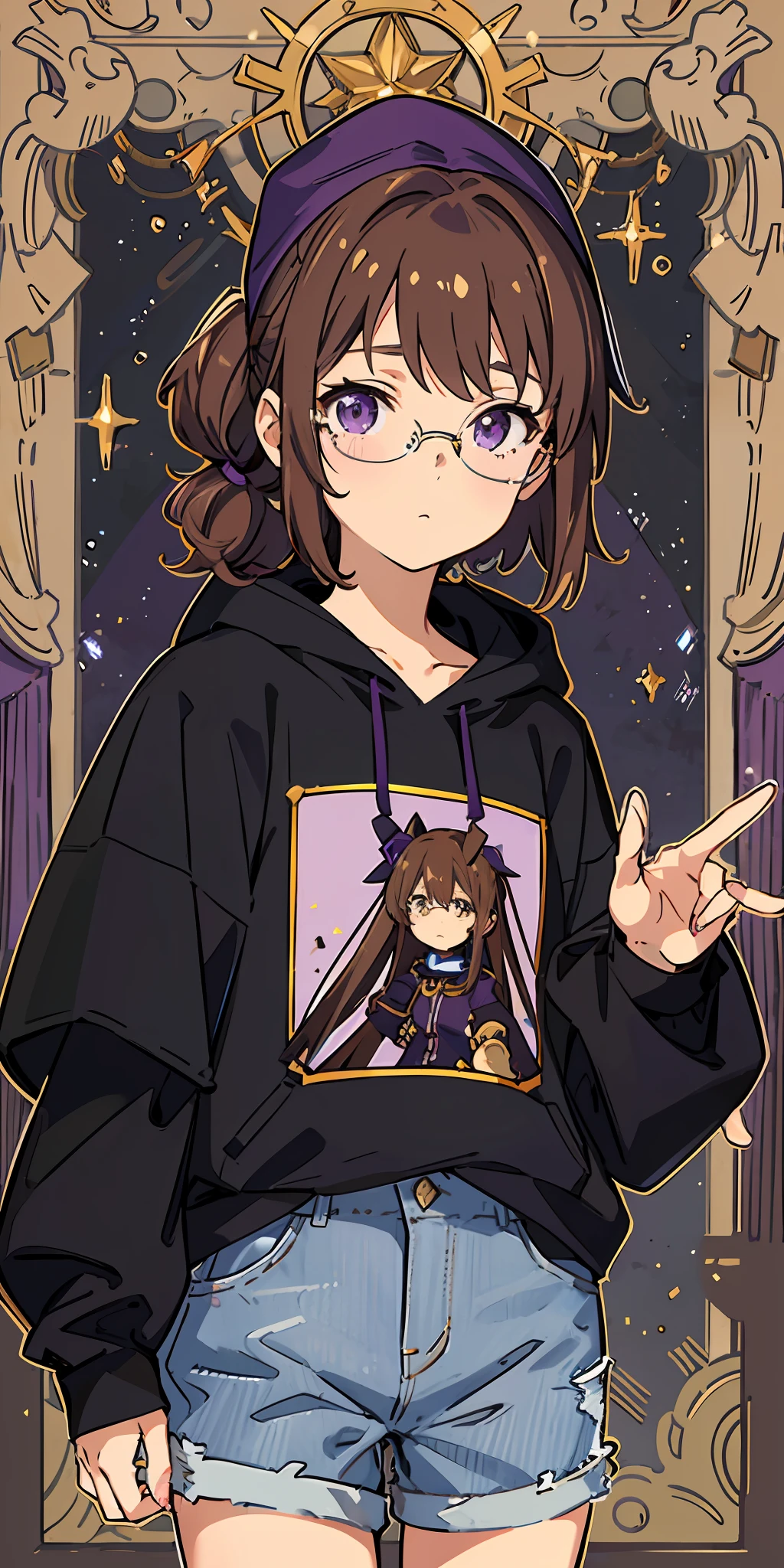 asterpiece, best quality, 1girl, portrait, short curly light brown hair, low short ponytail, round glasses, brown eyes, flat chest, black baggy shirt, purple open hoodie, purple cap, denim, casual, pov, gold trim, highres, loli, sidelighting, light particles, anime, lora:animetarotV51