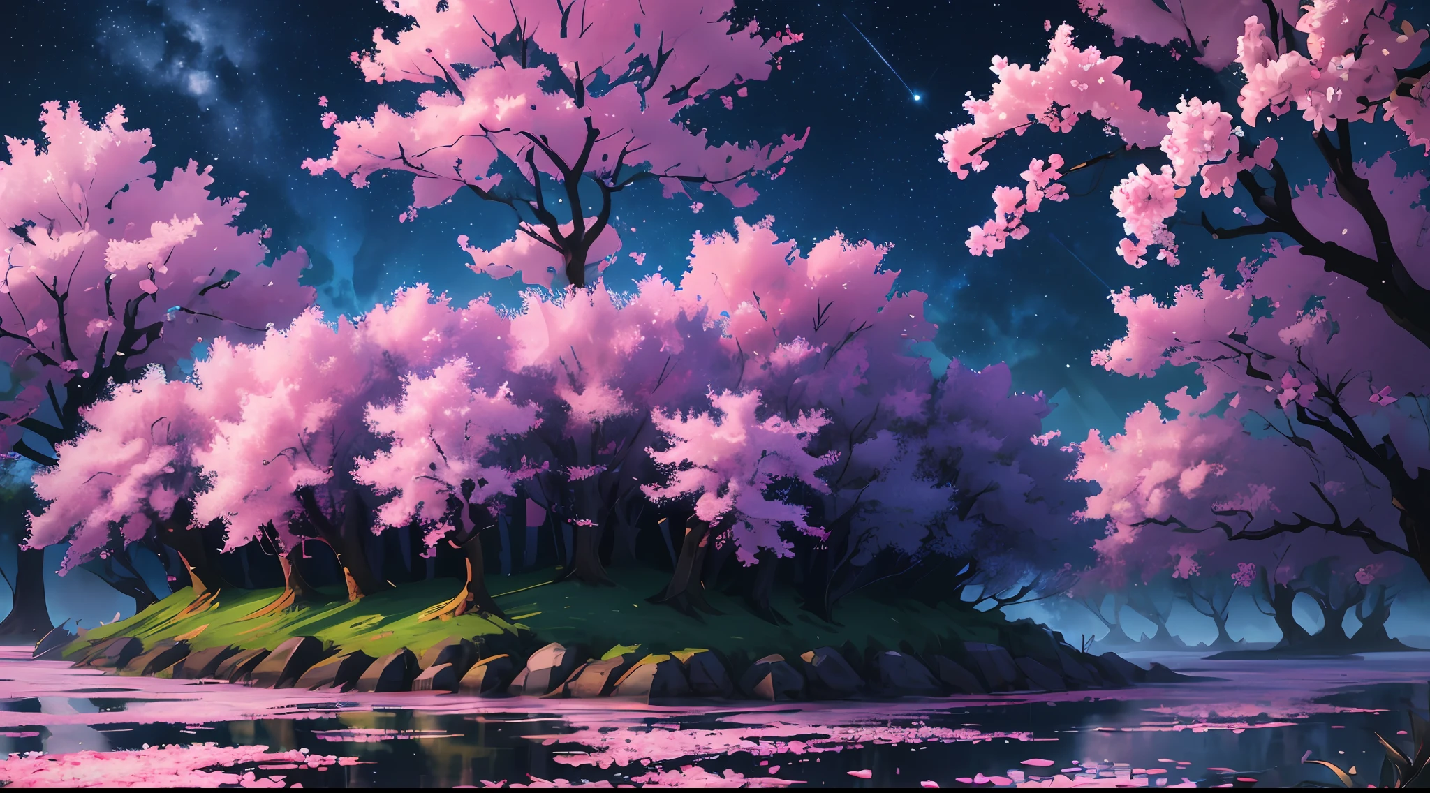 Linemoto cherry blossoms (night), (highly detailed CG unified wallpaper 8k) (highest quality), (best illustrations), bright colors (best shades), jungle, water, natural beauty, oasis of tranquility, cherry blossoms, super detail, antique porcelain, jade, castle, starry sky, , girl looks up at the night sky, ray tracing, masterpiece, top quality, super quality, absurd details, best light, best shadow, sharp, sharp images, details, Very detailed, high resolution, 8k, 4k, UHD, volumetric, bright sprite, (particle effects), (nighttime) --v6